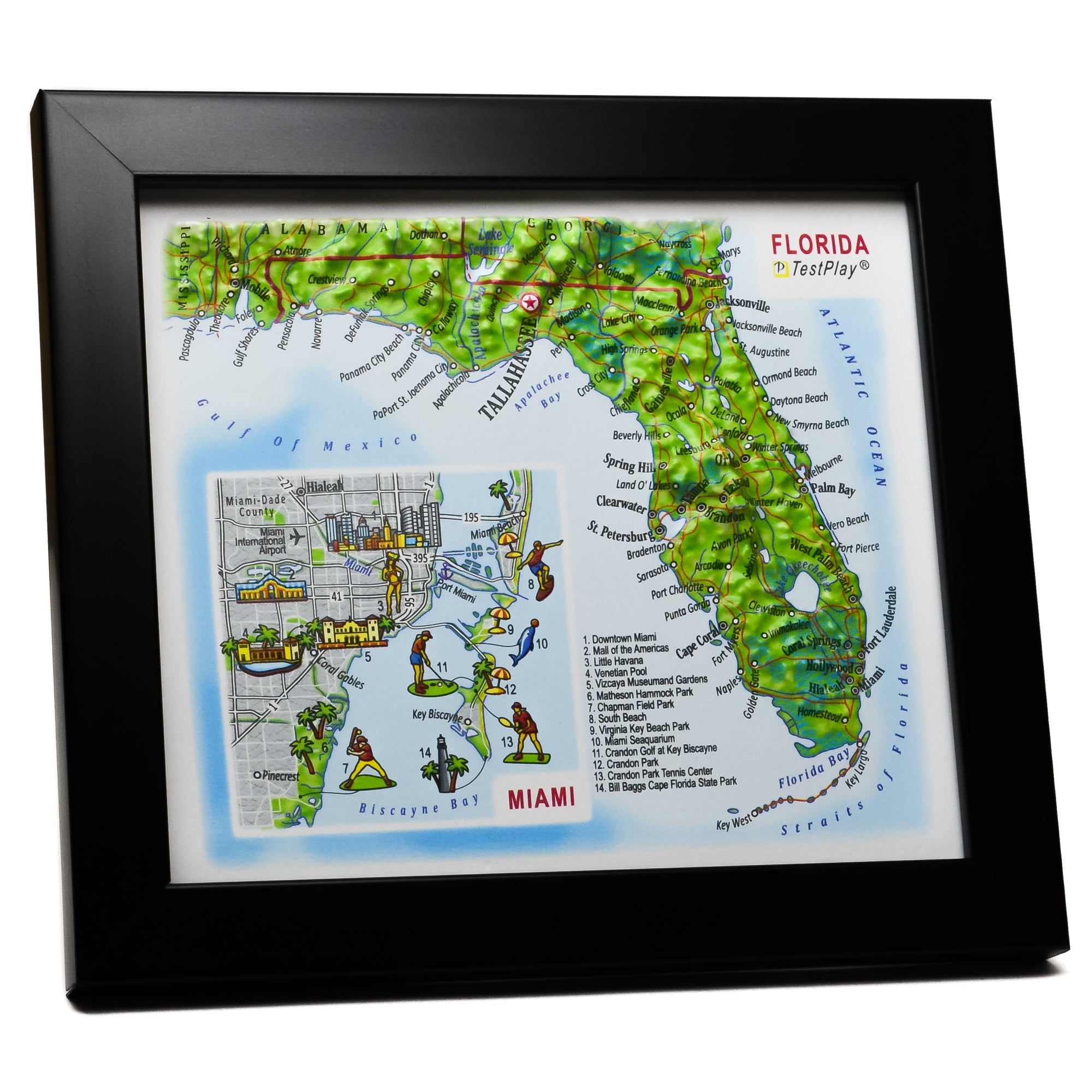 TestPlayNA 3D raised relief map of Florida and Miami showing coastline, Everglades, and cities