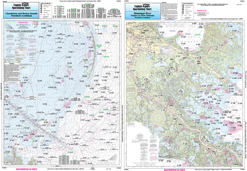 Captain Segull’s Fishing Chart Nearshore: Chandeleur/Brenton Sounds/Miss River and Venice to New Orleans    