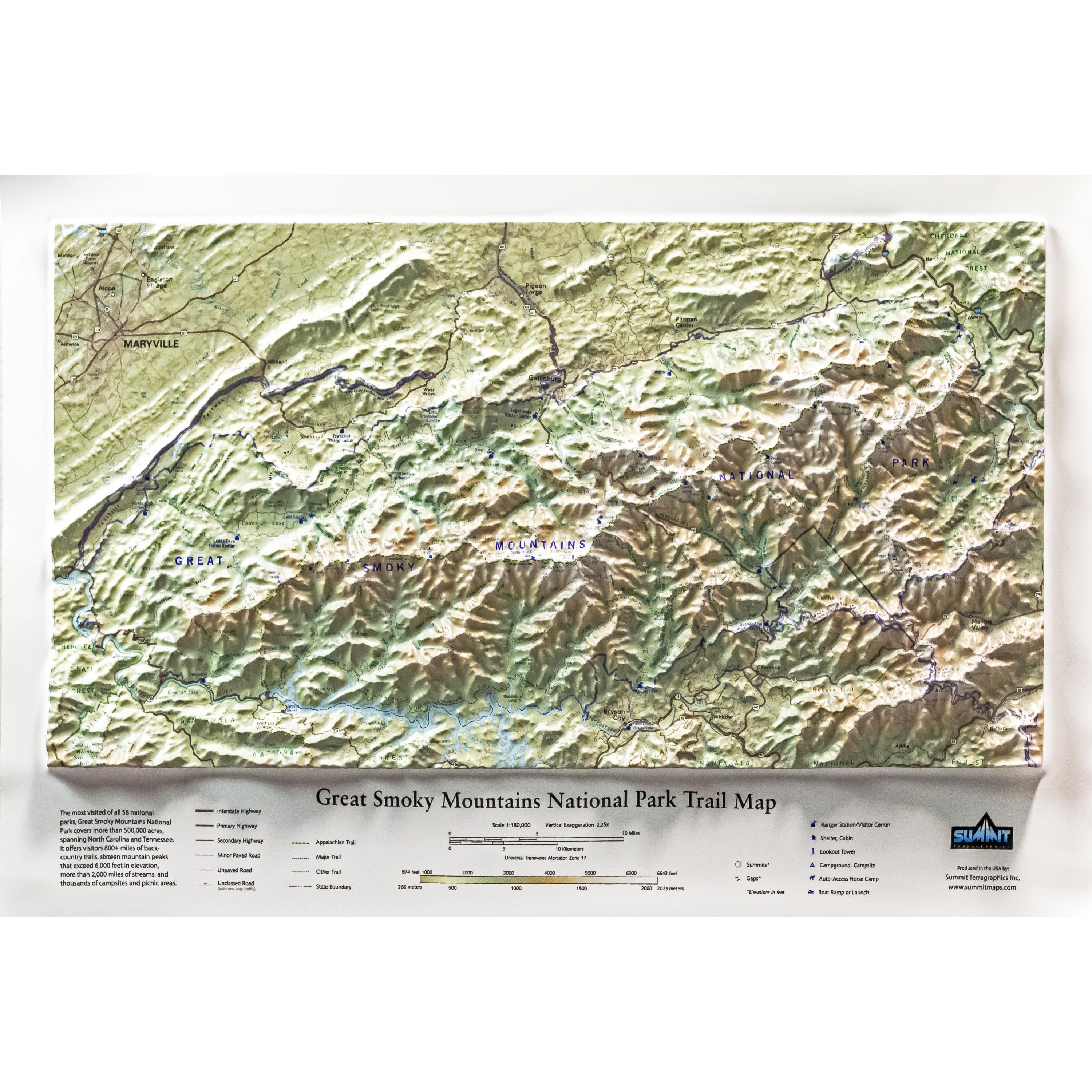 Great Smoky Mountains National Park Three Dimensional 3D Raised Relief Map