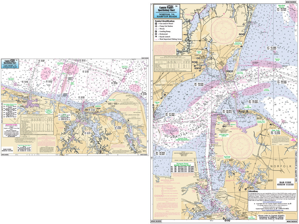 Captain Segull’s Fishing Chart Small Boat and Kayak: Cape Henry, Lynnhaven Bay to Hampton Roads, VA    