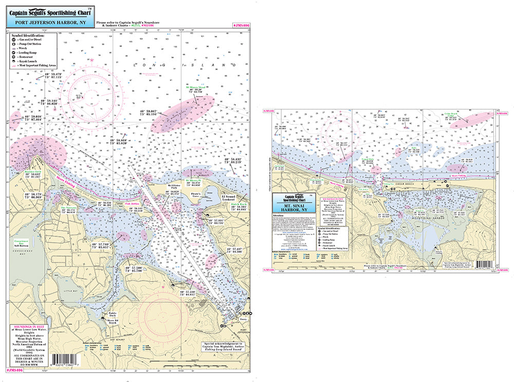 Captain Segull’s Fishing Chart Small Boat and Kayak: Port Jefferson Harbor to Mt. Sinai Harbor, NY    