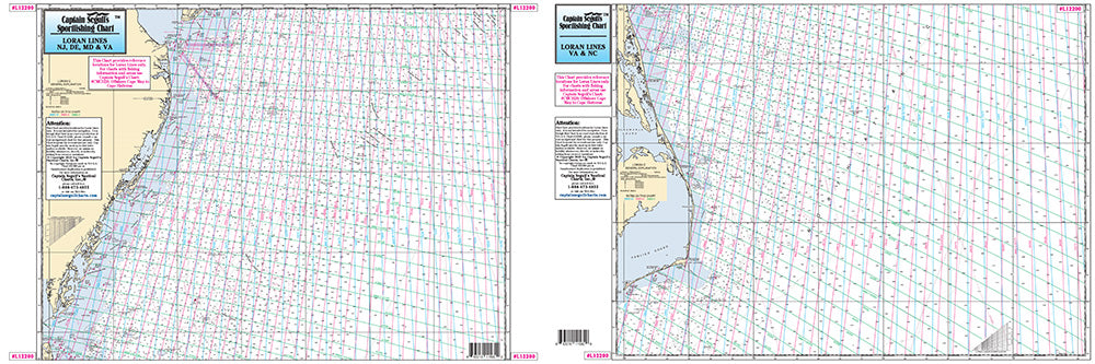 Captain Segull’s Fishing Chart Loran Lines NJ, DE, MD, VA and NC    