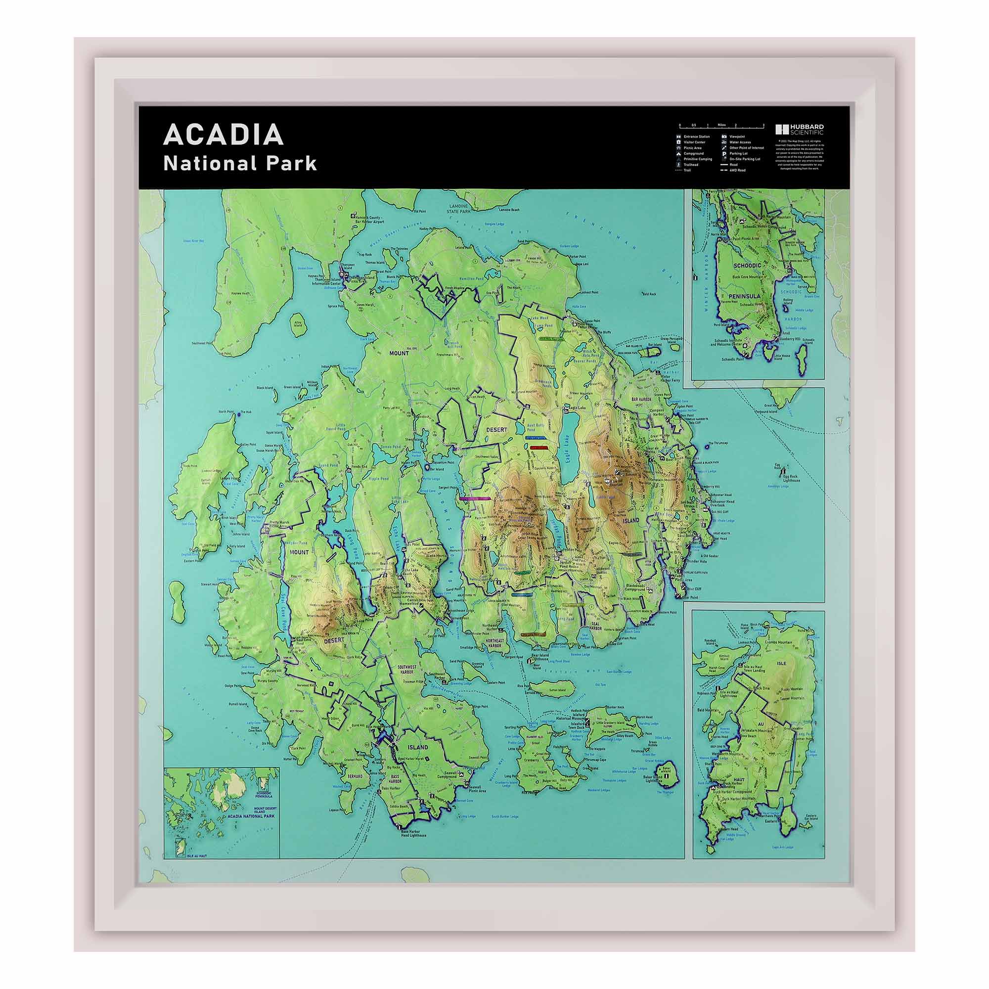 Raised relief 3D map of Acadia National Park, Maine, depicting Mount Desert Island, Schoodic Peninsula, and Isle au Haut in three-dimensional detail. The map shows mountains, valleys, lakes, and the coastline of the park.