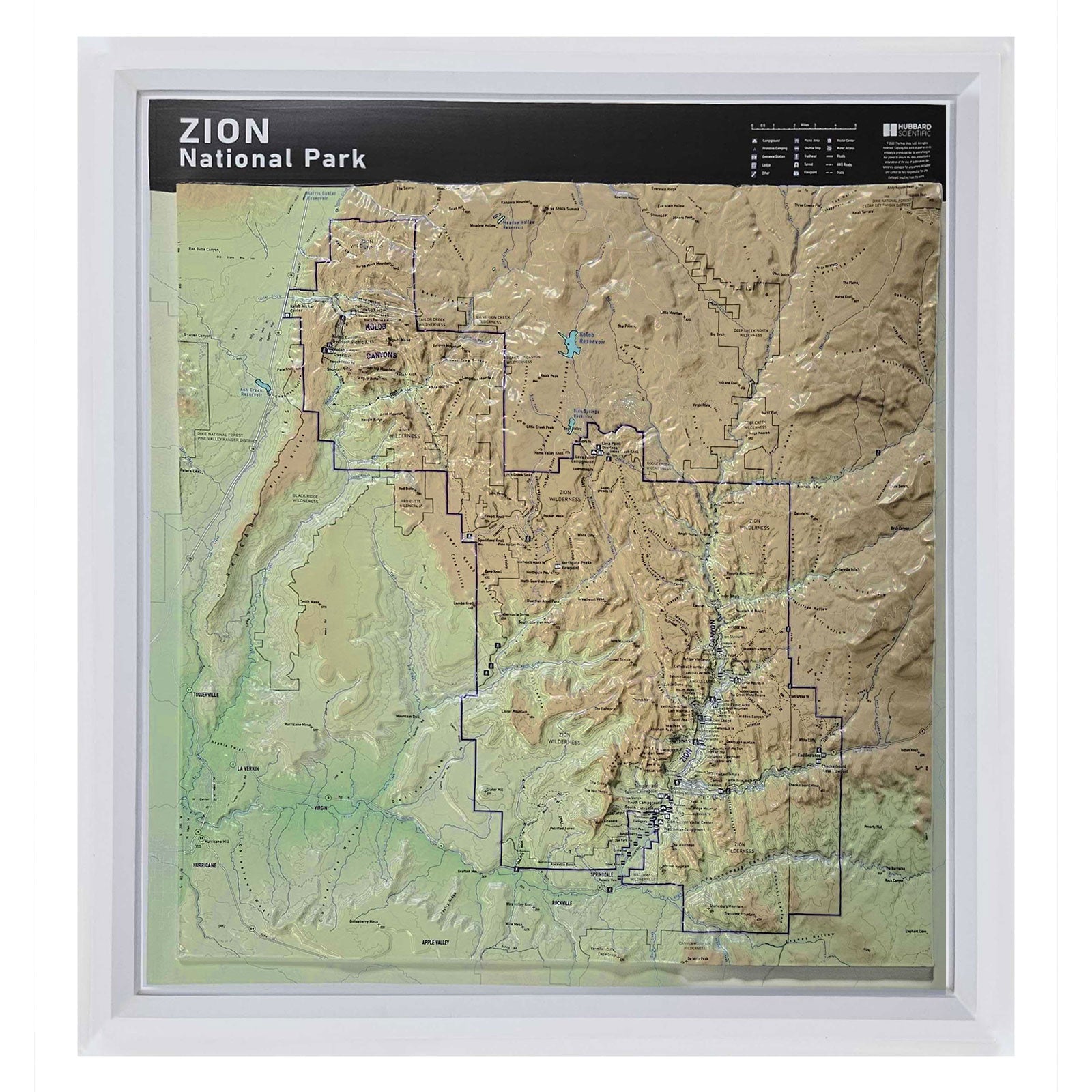 Three-dimensional (3D) raised relief map of Zion National Park, Utah, showcasing The Narrows, Angels Landing, Emerald Pools, and Kolob Canyons in detail. The map highlights the park's towering cliffs, deep canyons, rivers, and diverse ecological zones.