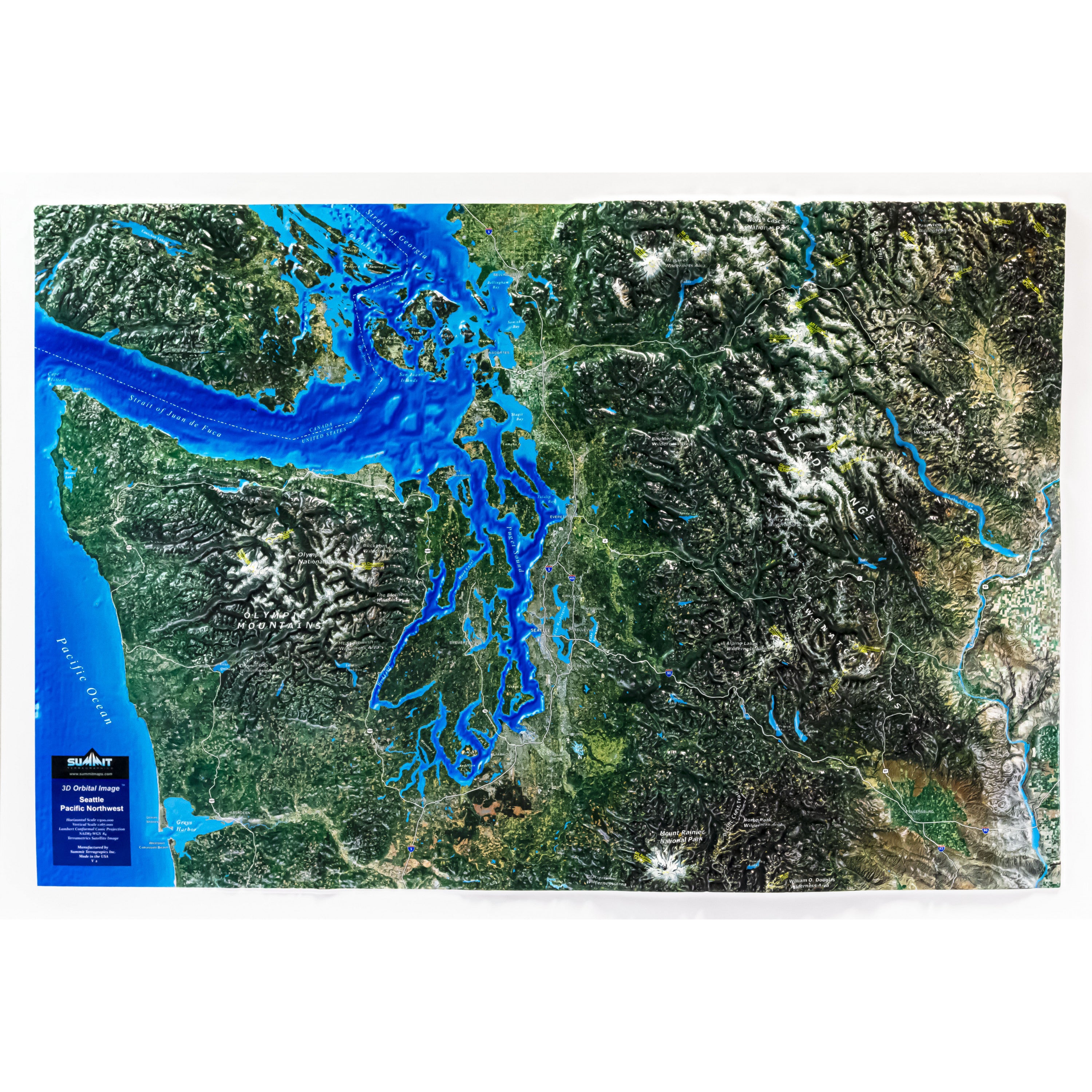 Seattle Pacific Northwest Satellite Image Three Dimensional 3D Raised Relief Map