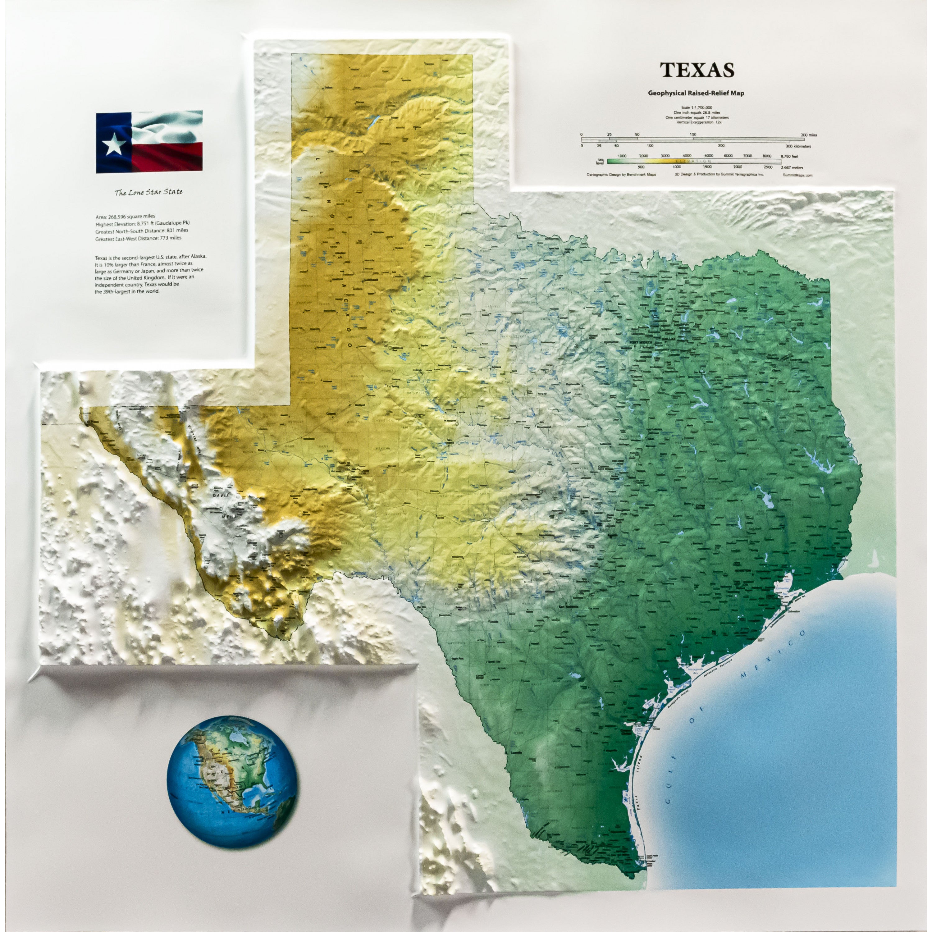 Texas State Three Dimensional 3D Raised Relief Map