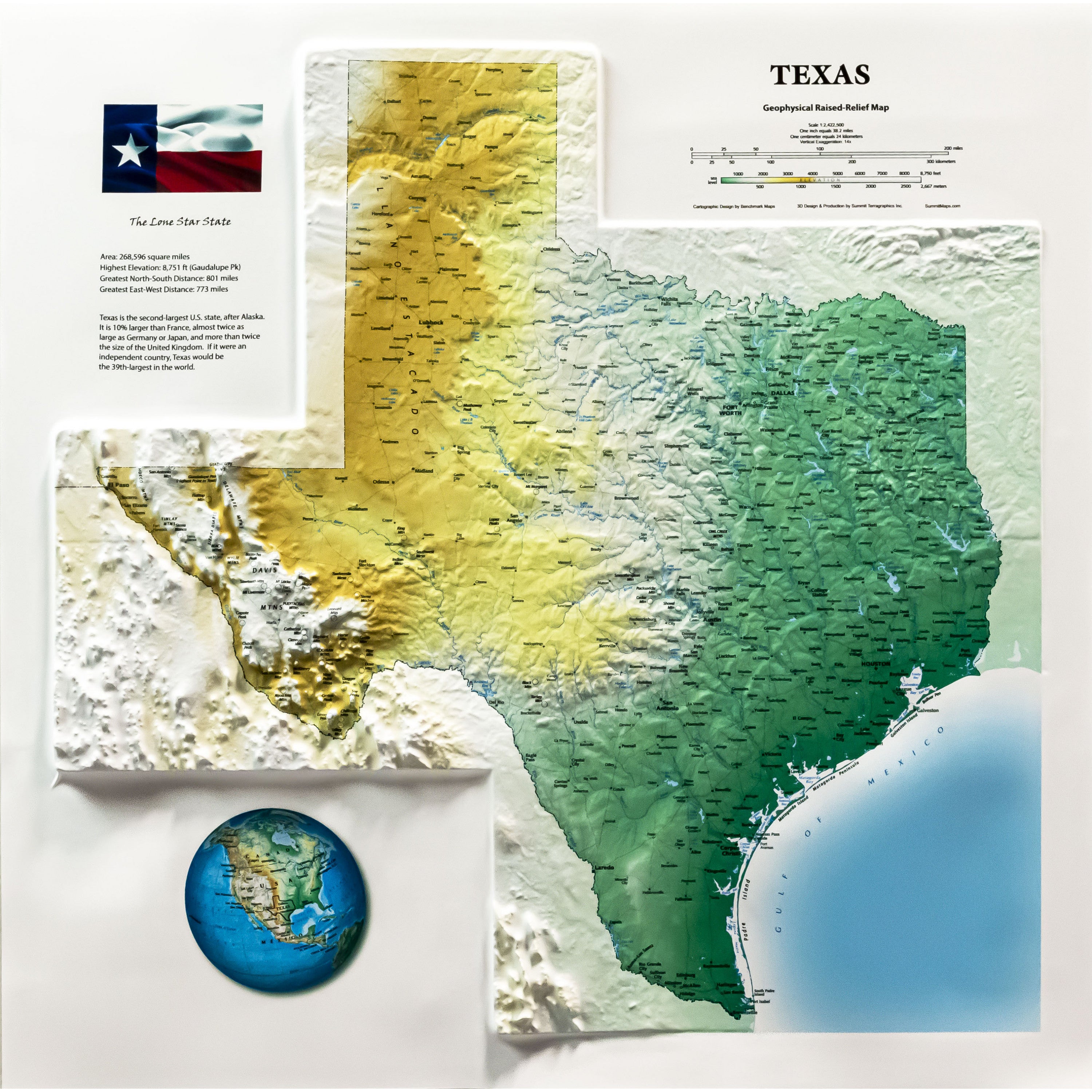 Texas State Three Dimensional 3D Raised Relief Map