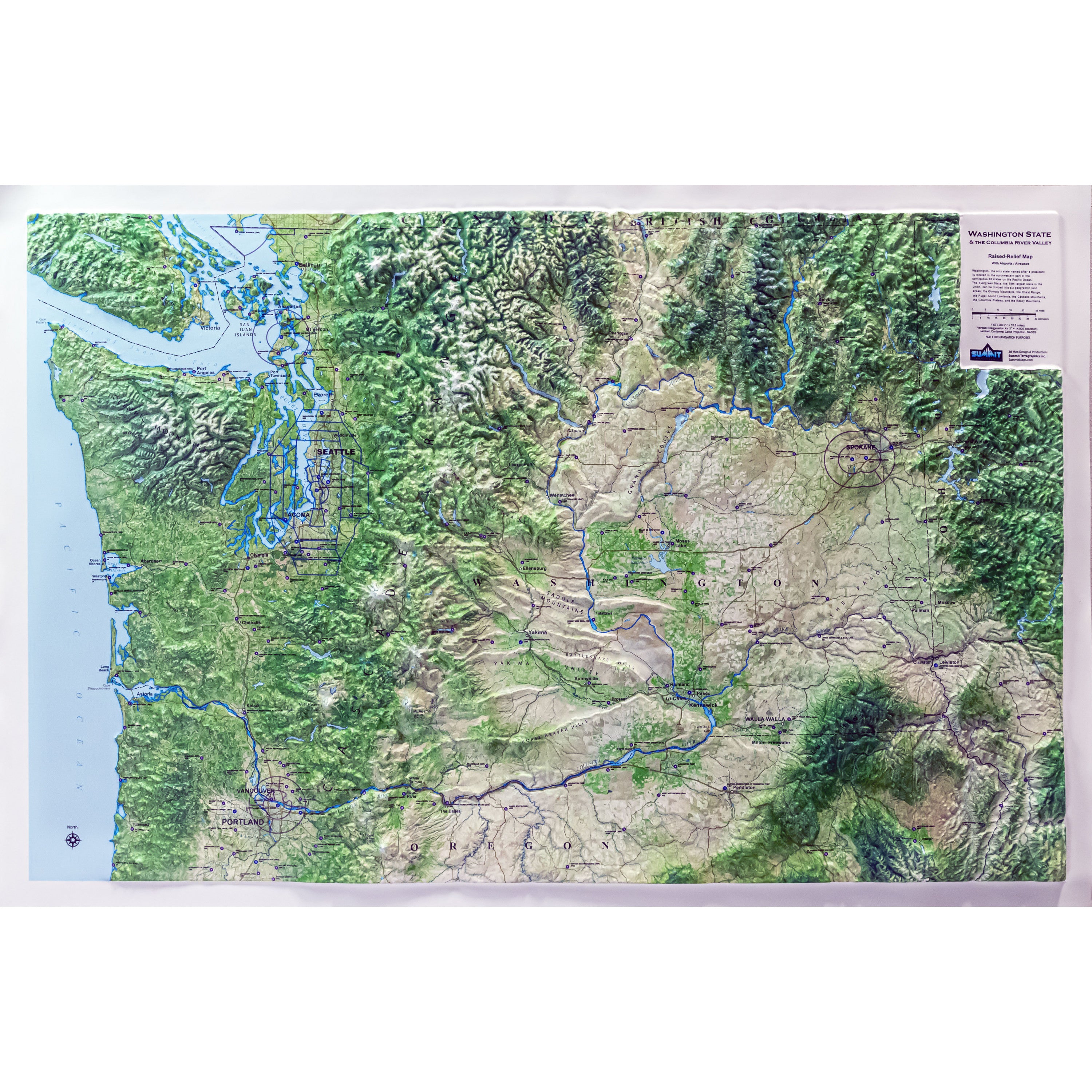 Washington State Airport & Airspace Three Dimensional 3D Raised Relief Map