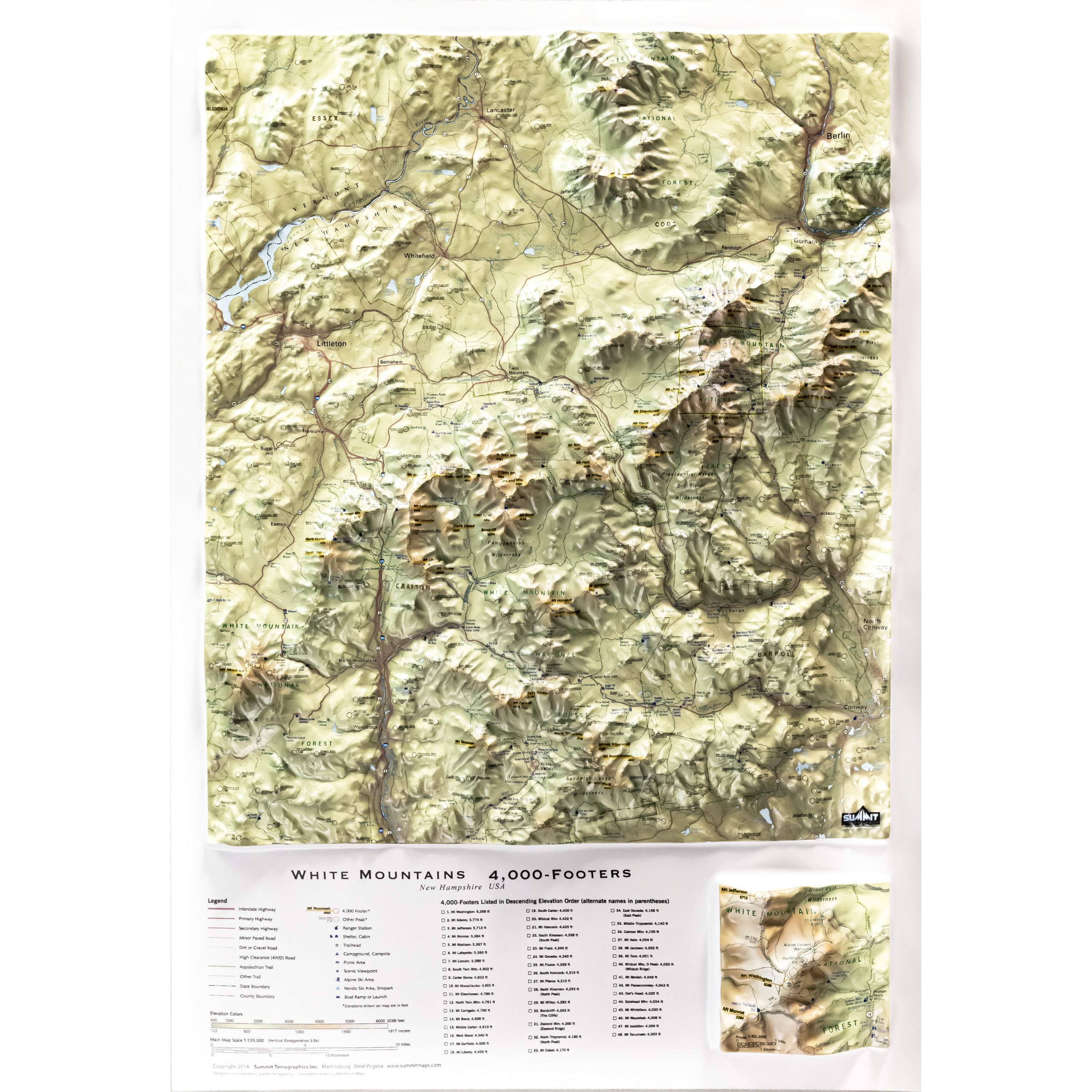 White Mountains 4000 Footers Three Dimensional 3D Raised Relief Map