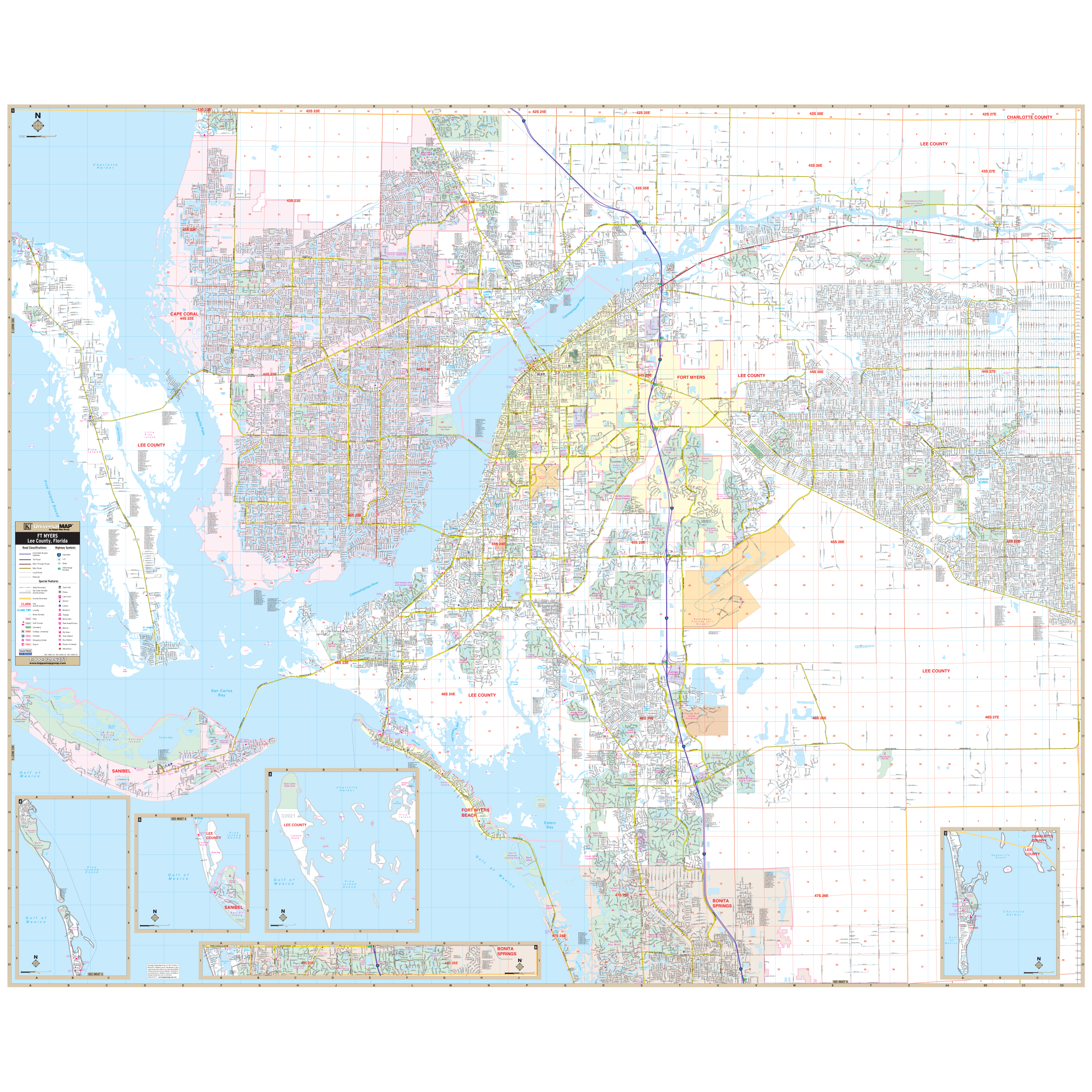 Ft Myers Lee Co, Fl Wall Map - Large Laminated