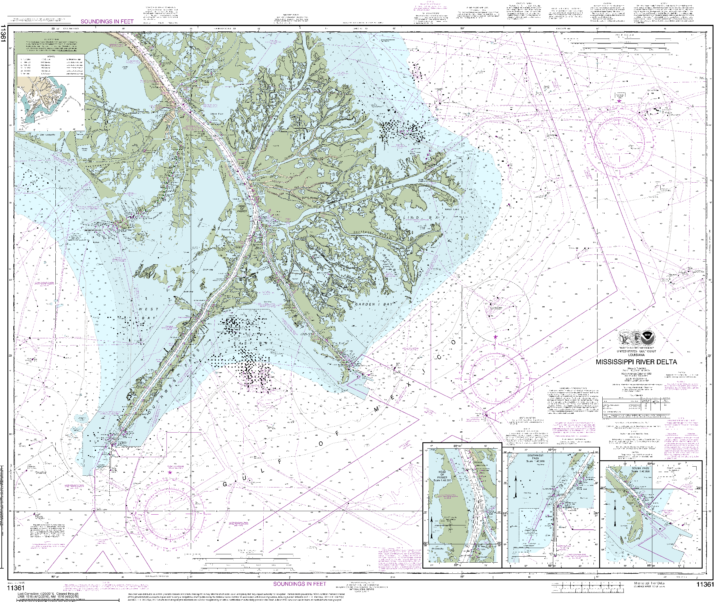 NOAA Nautical Chart 11361: Mississippi River Delta;Southwest Pass;South Pass;Head of Passes