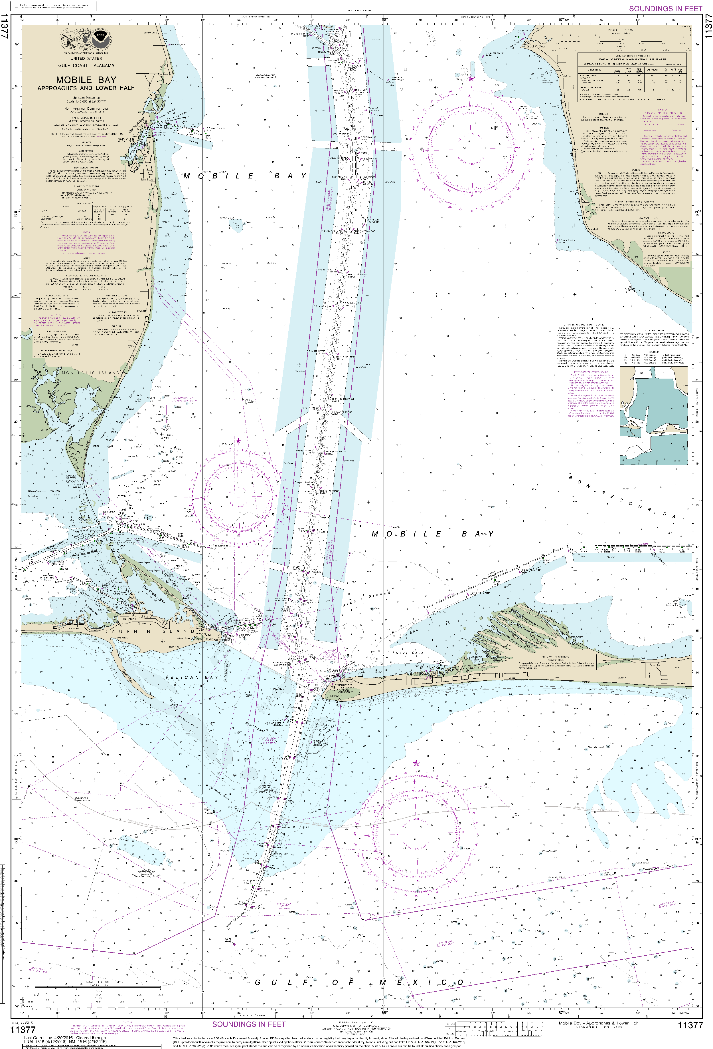 NOAA Nautical Chart 11377: Mobile Bay Approaches and Lower Half