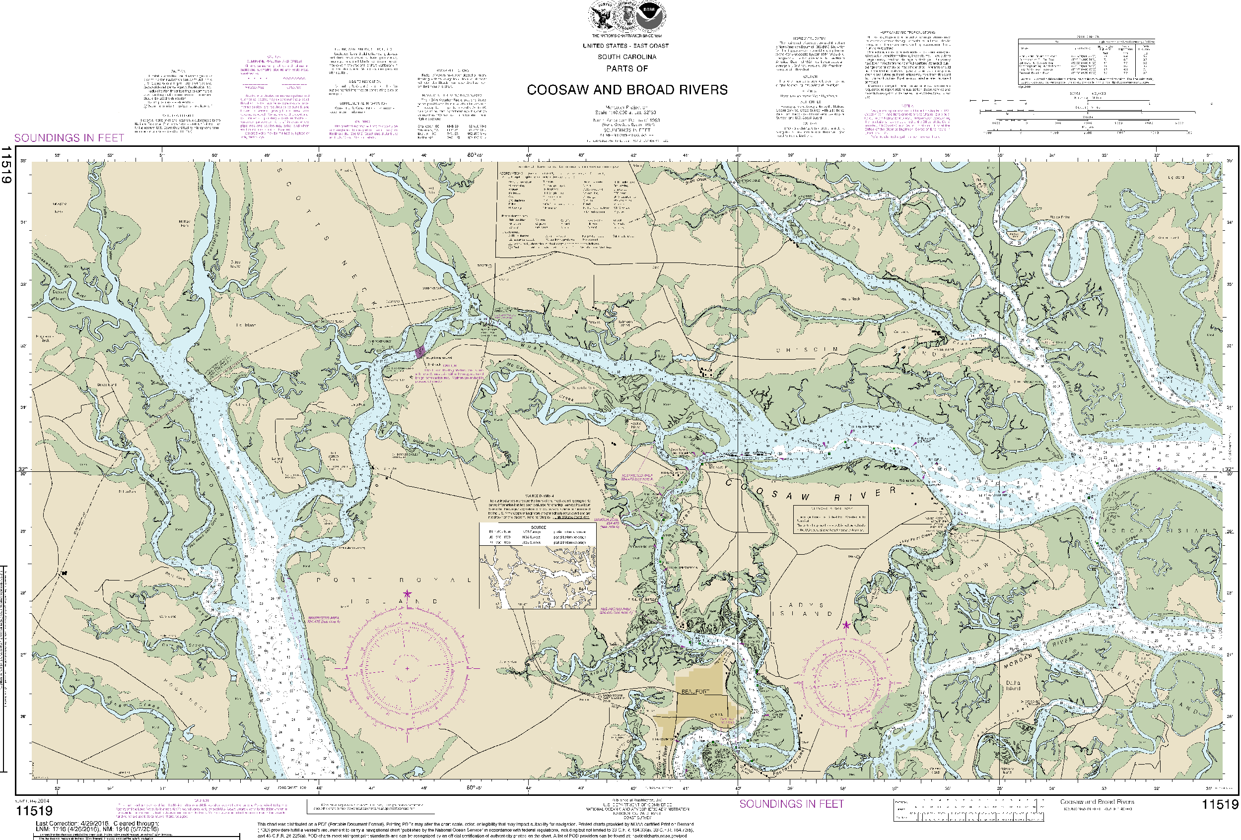 NOAA Nautical Chart 11519: Parts of Coosaw and Broad Rivers