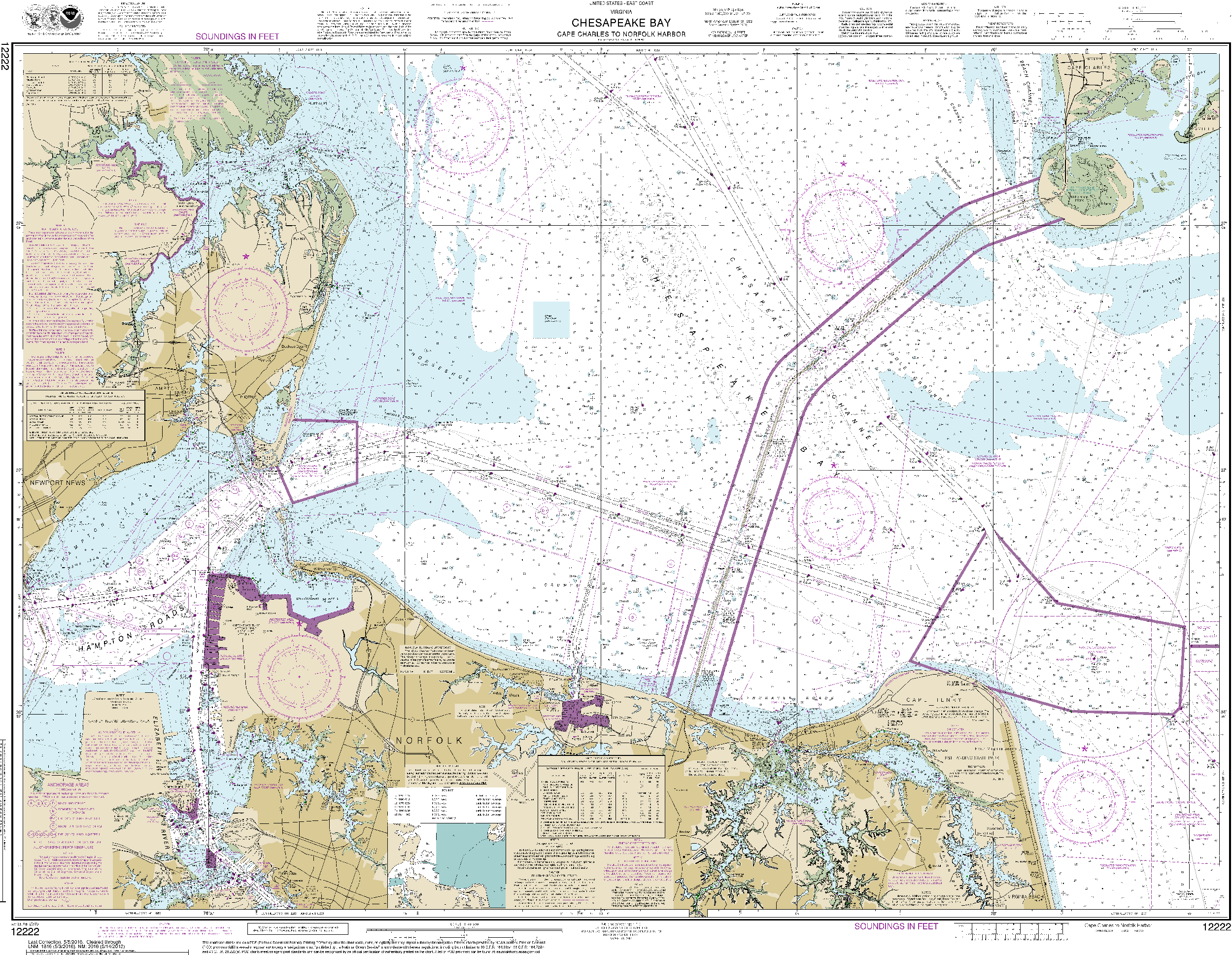 NOAA Nautical Chart 12222: Chesapeake Bay Cape Charles to Norfolk Harbor