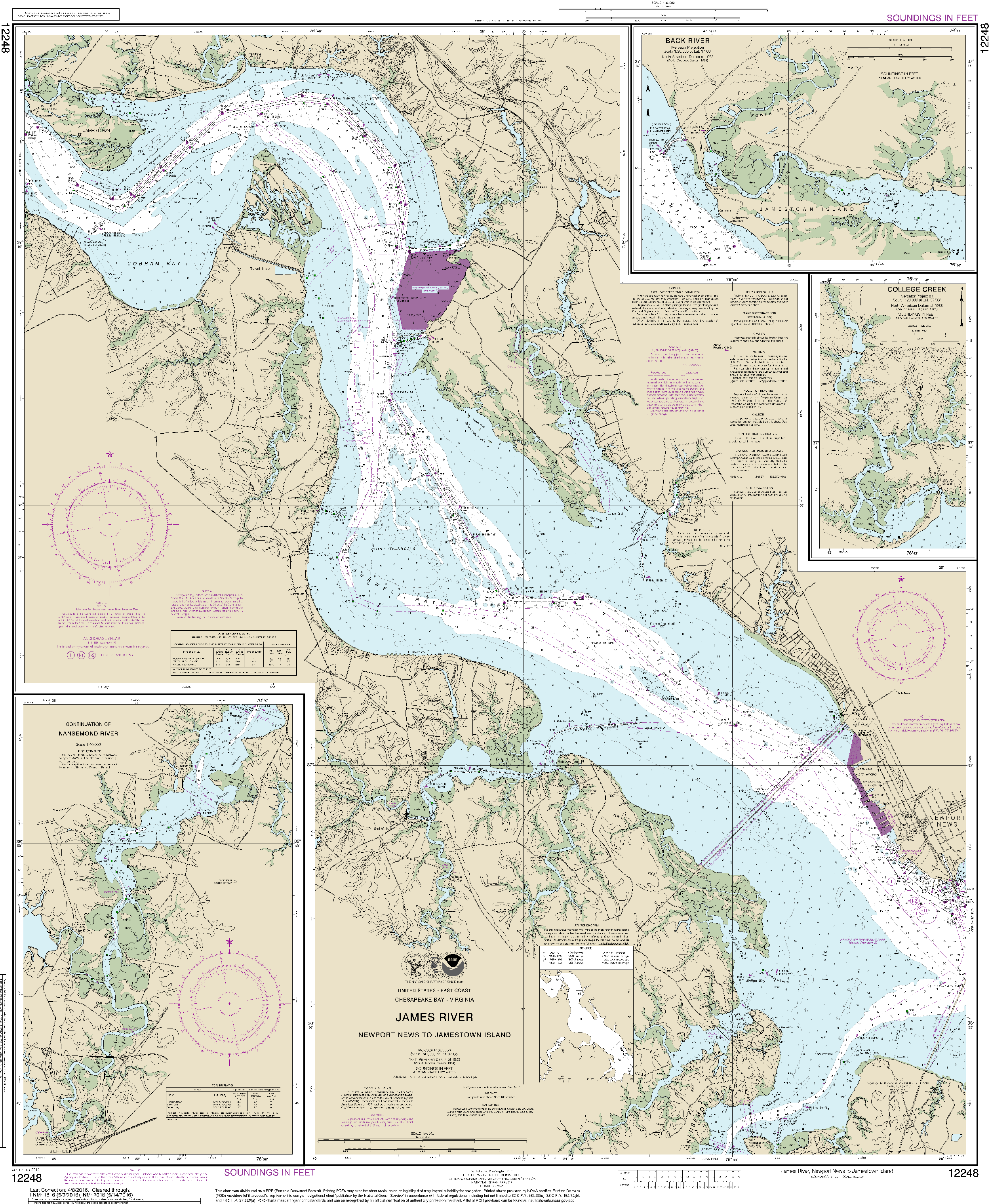 NOAA Nautical Chart 12248: James River Newport News to Jamestown Island; Back River and College Creek