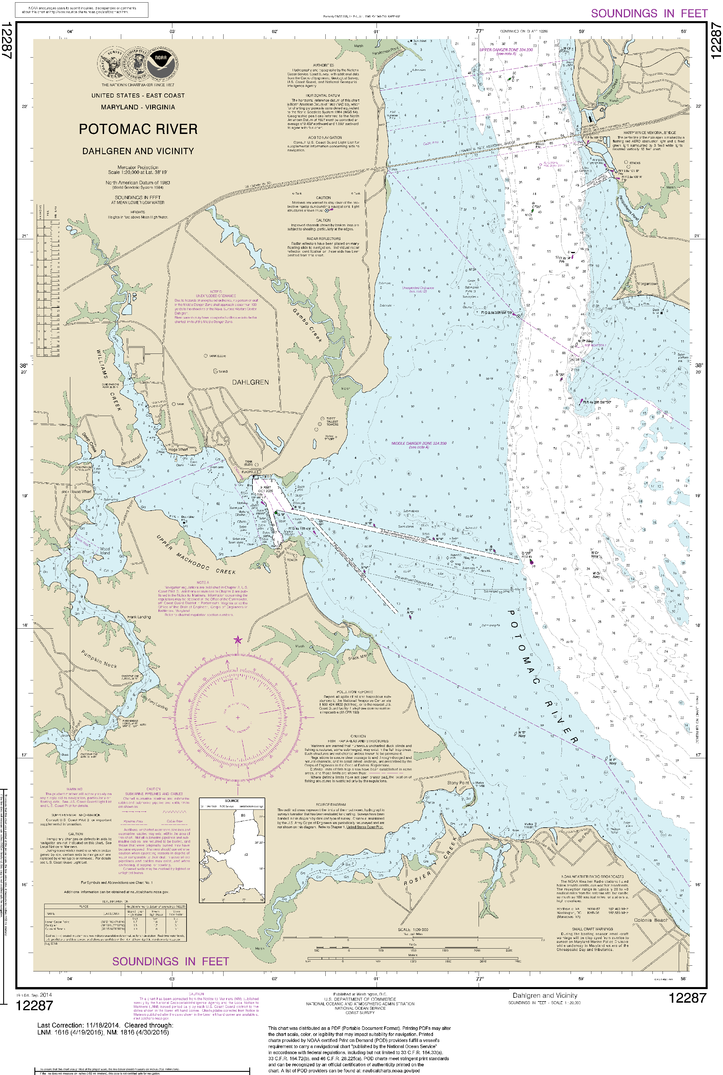 NOAA Nautical Chart 12287: Potomac River Dahlgren and Vicinity