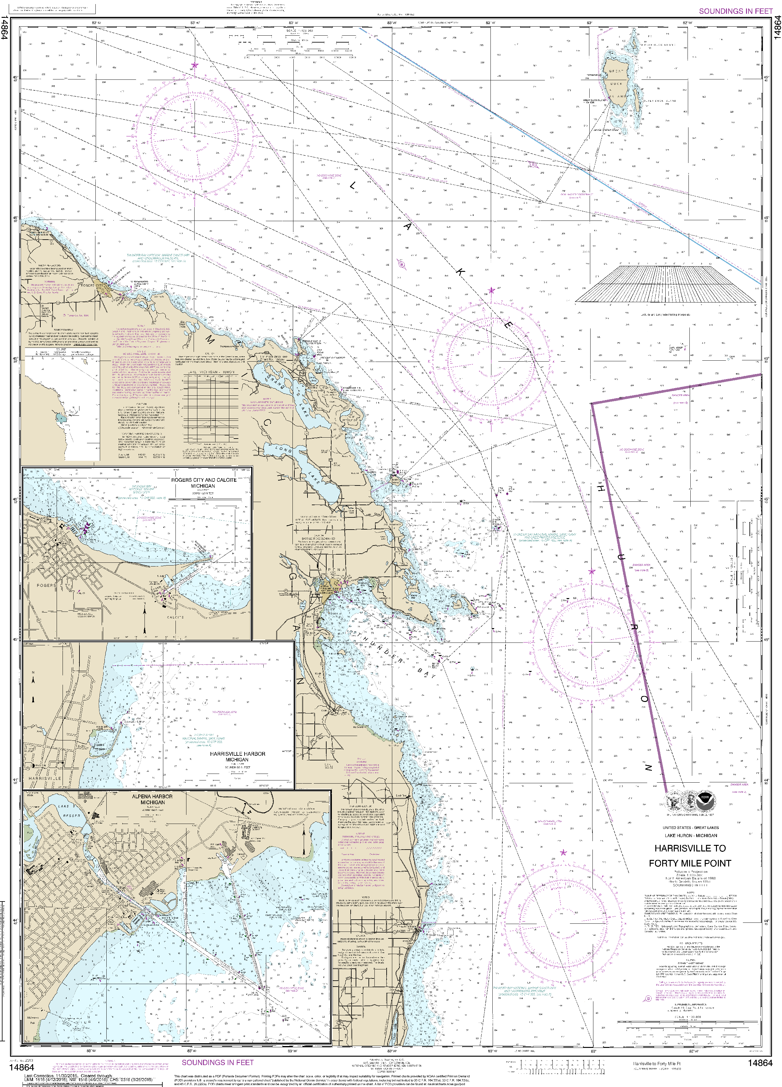 NOAA Nautical Chart 14864: Harrisville to Forty Mile Point;Harrisville Harbor;Alpena;Rogers City and Calcite