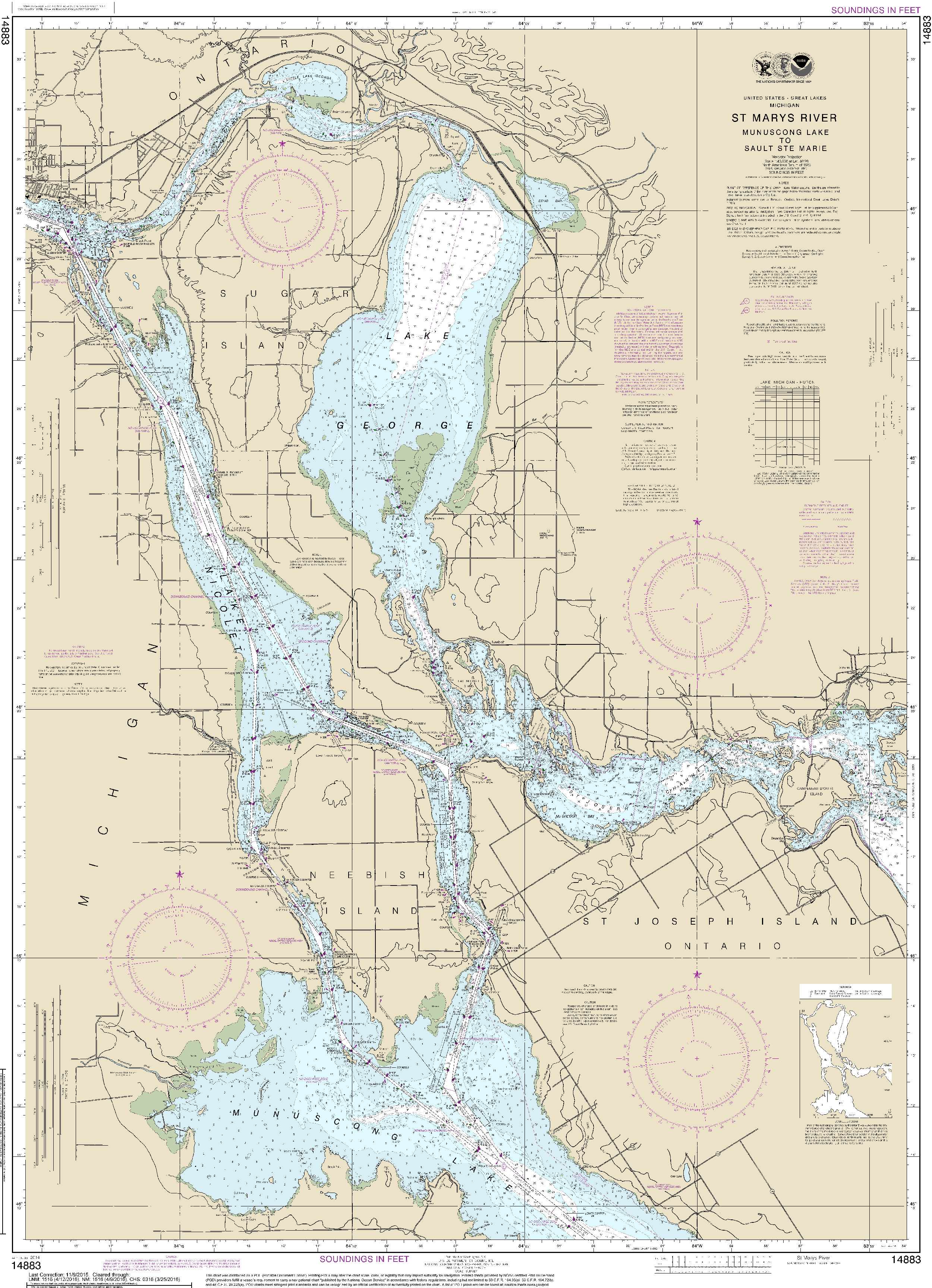 NOAA Nautical Chart 14883: St. Marys River - Munuscong Lake to Sault Ste. Marie