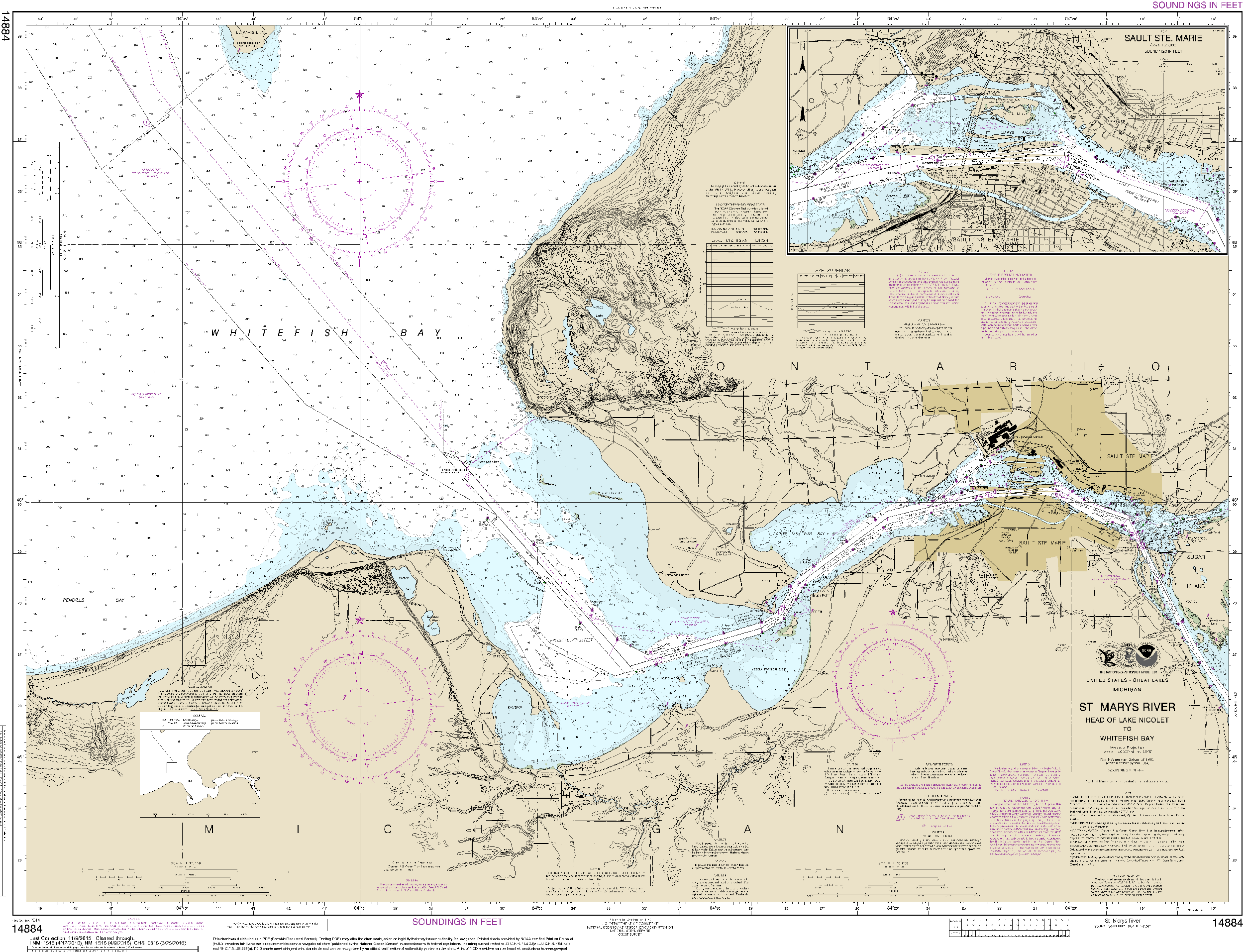 NOAA Nautical Chart 14884: St. Marys River - Head of Lake Nicolet to Whitefish Bay;Sault Ste. Marie