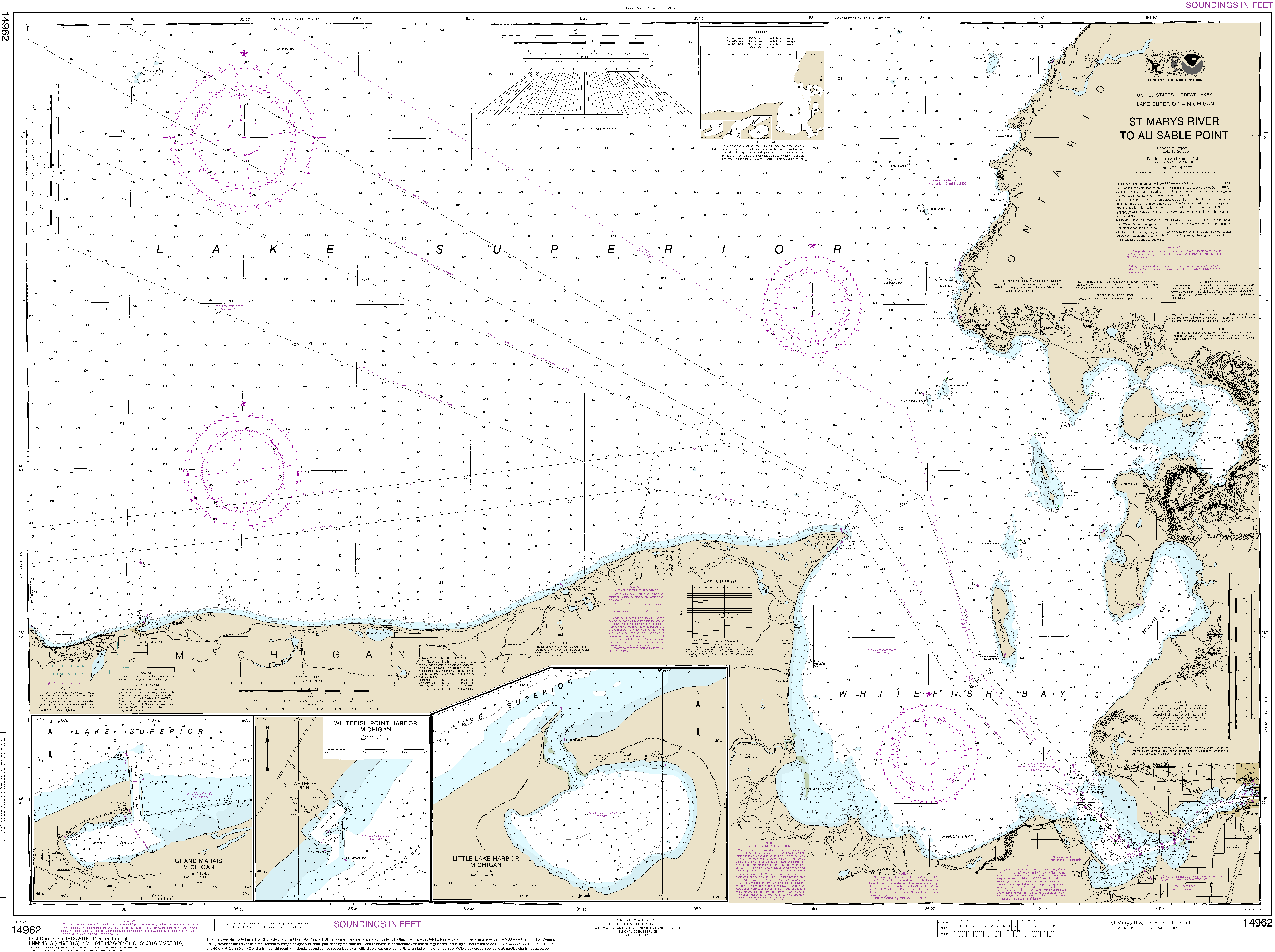 NOAA Nautical Chart 14962: St. Marys River to Au Sable Point;Whitefish Point;Little Lake Harbors;Grand Marais Harbor 