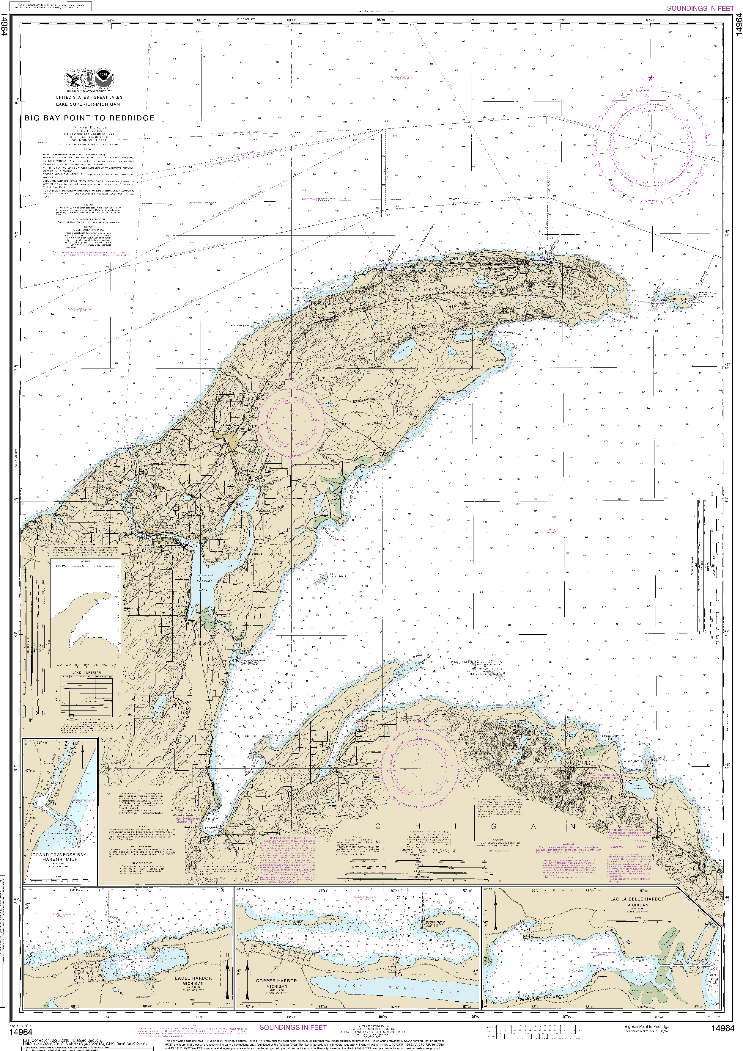 NOAA Nautical Chart 14964: Big Bay Point to Redridge;Grand Traverse Bay Harbor;Lac La Belle harbor;Copper and Eagle Harbors