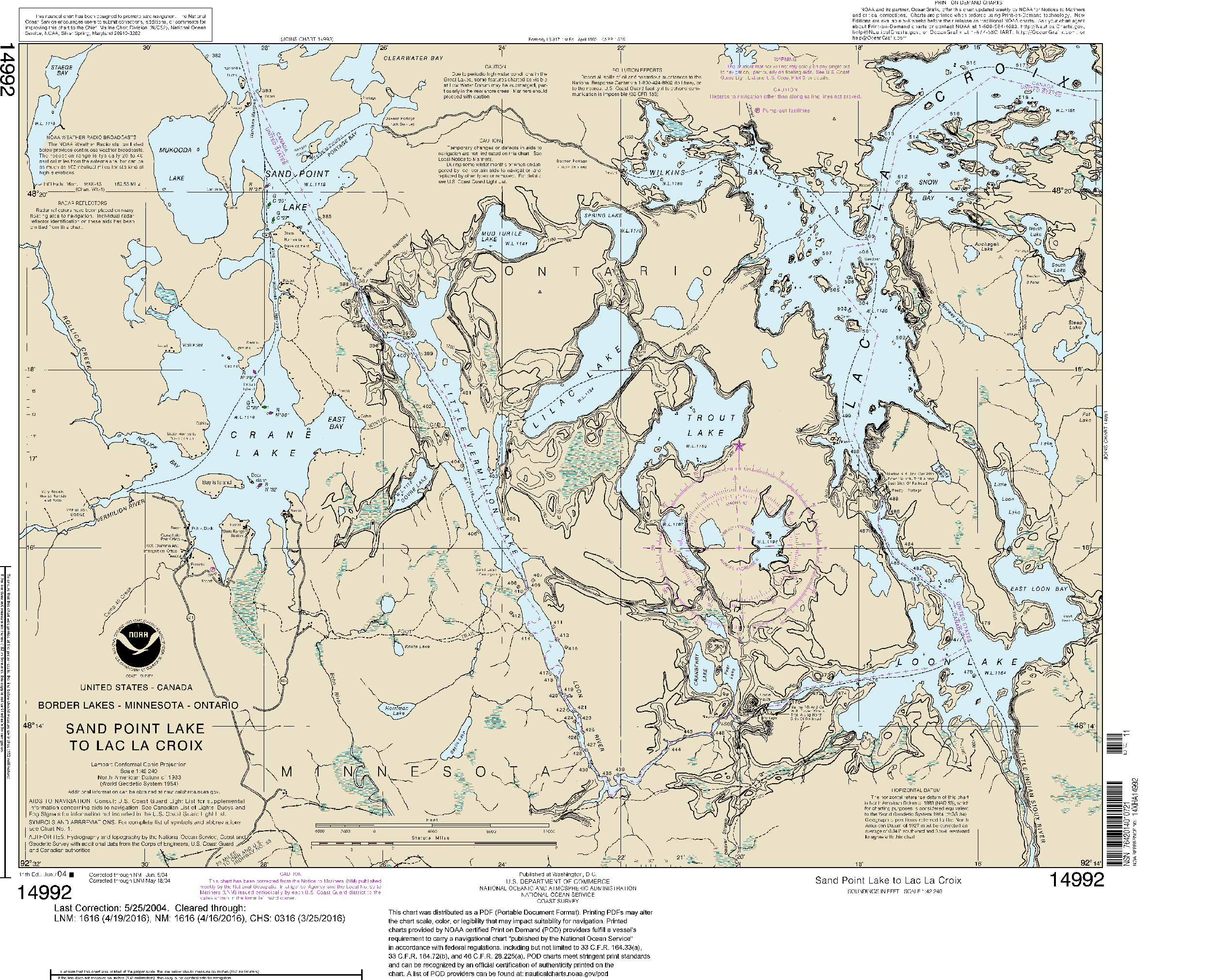 NOAA Nautical Chart 14992: Sand Point Lake to Lac la Croix, including Crane Lake and Little Vermilon Lake