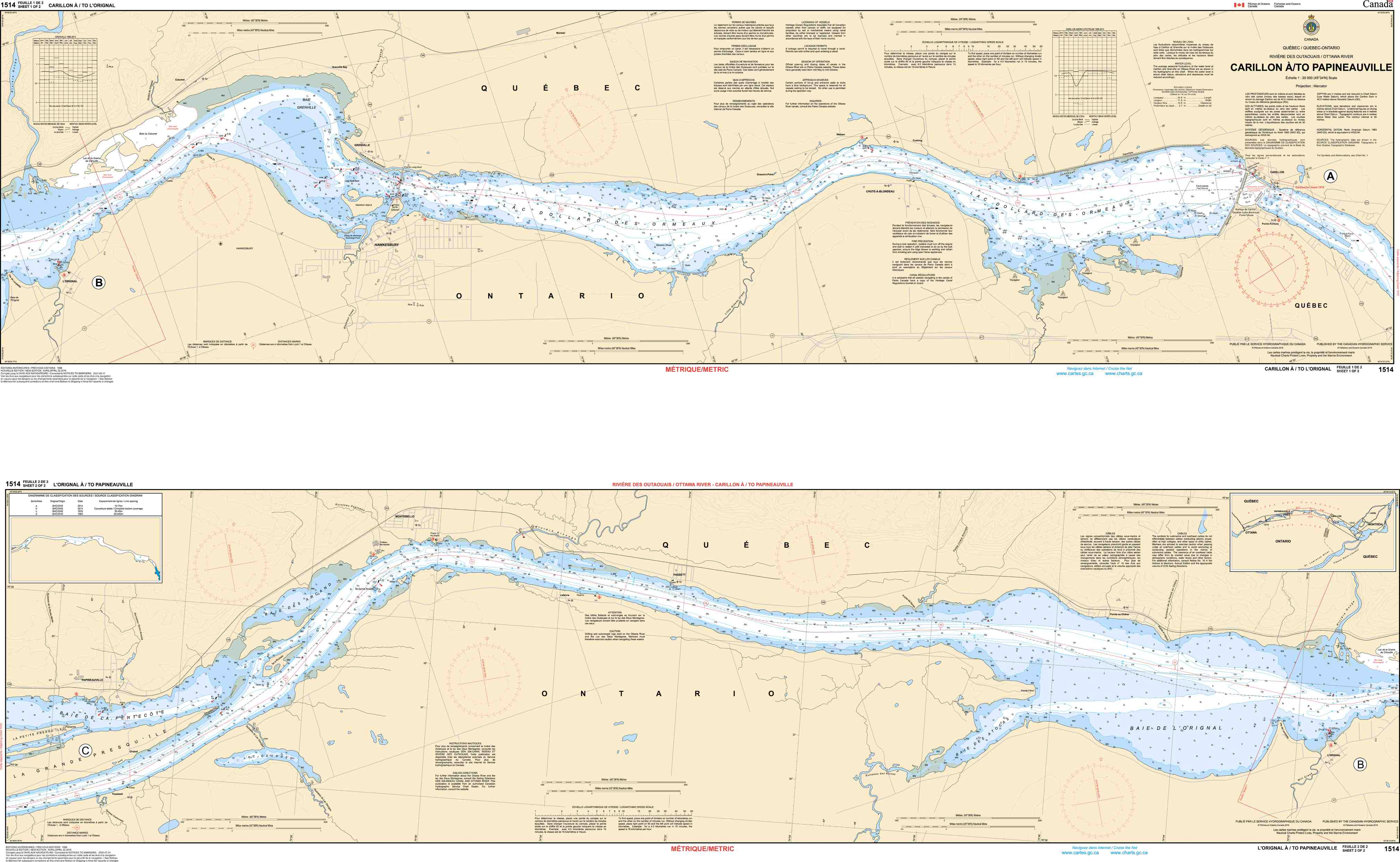 Canadian Hydrographic Service Nautical Chart CHS1514: Carillon à/to Papineauville