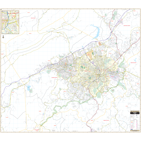 Roanoke Salem, Va Wall Map - Large Laminated