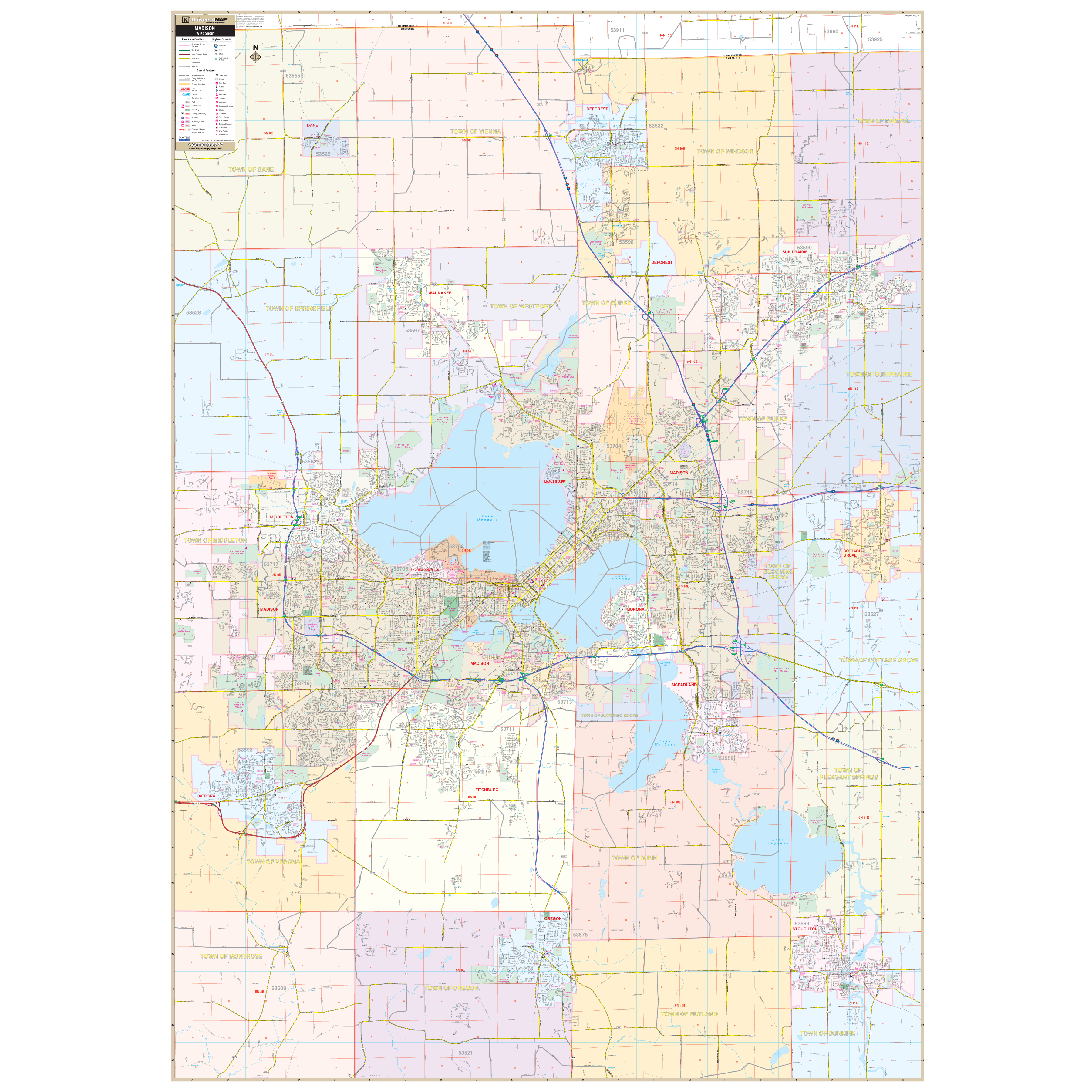 Madison, Wi Wall Map - Large Laminated