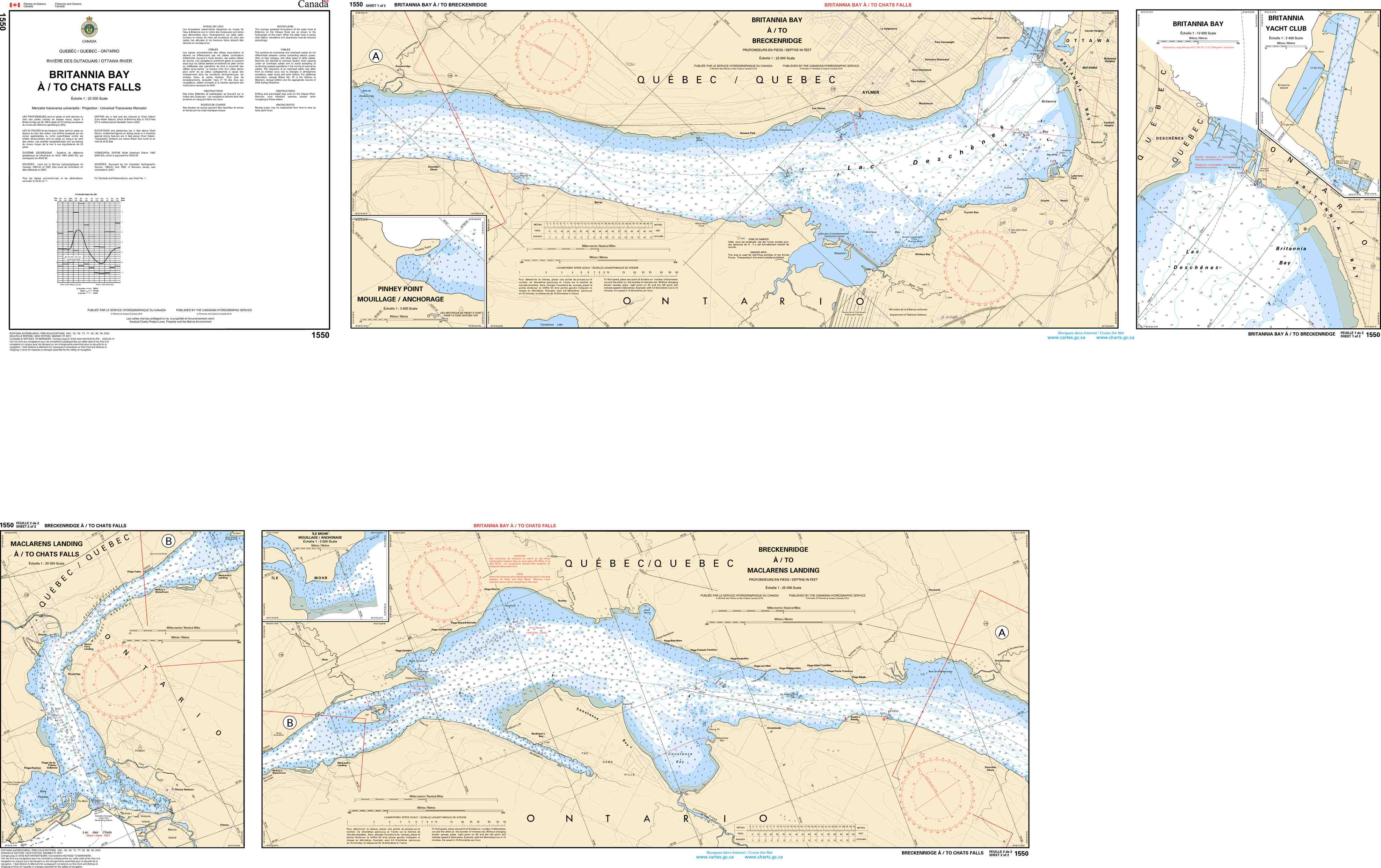 Canadian Hydrographic Service Nautical Chart CHS1550: Britannia Bay à/to Chats Falls