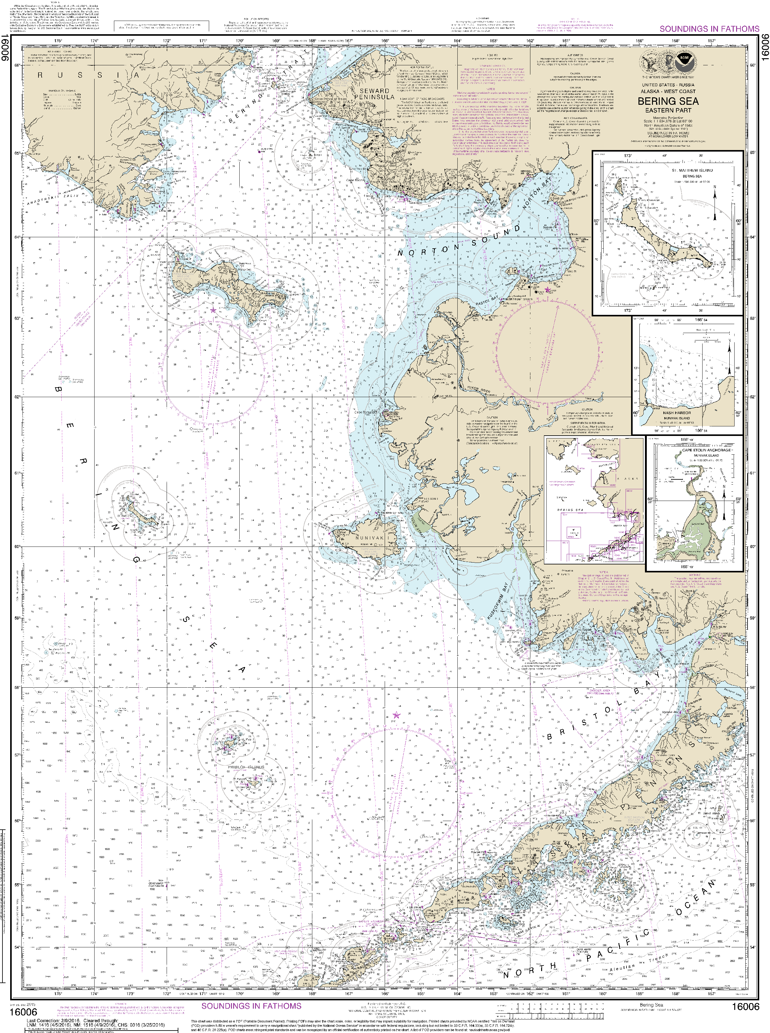 NOAA Nautical Chart 16006: Bering Sea-eastern part;St. Matthew Island, Bering Sea;Cape Etolin, Achorage, Nunivak Island