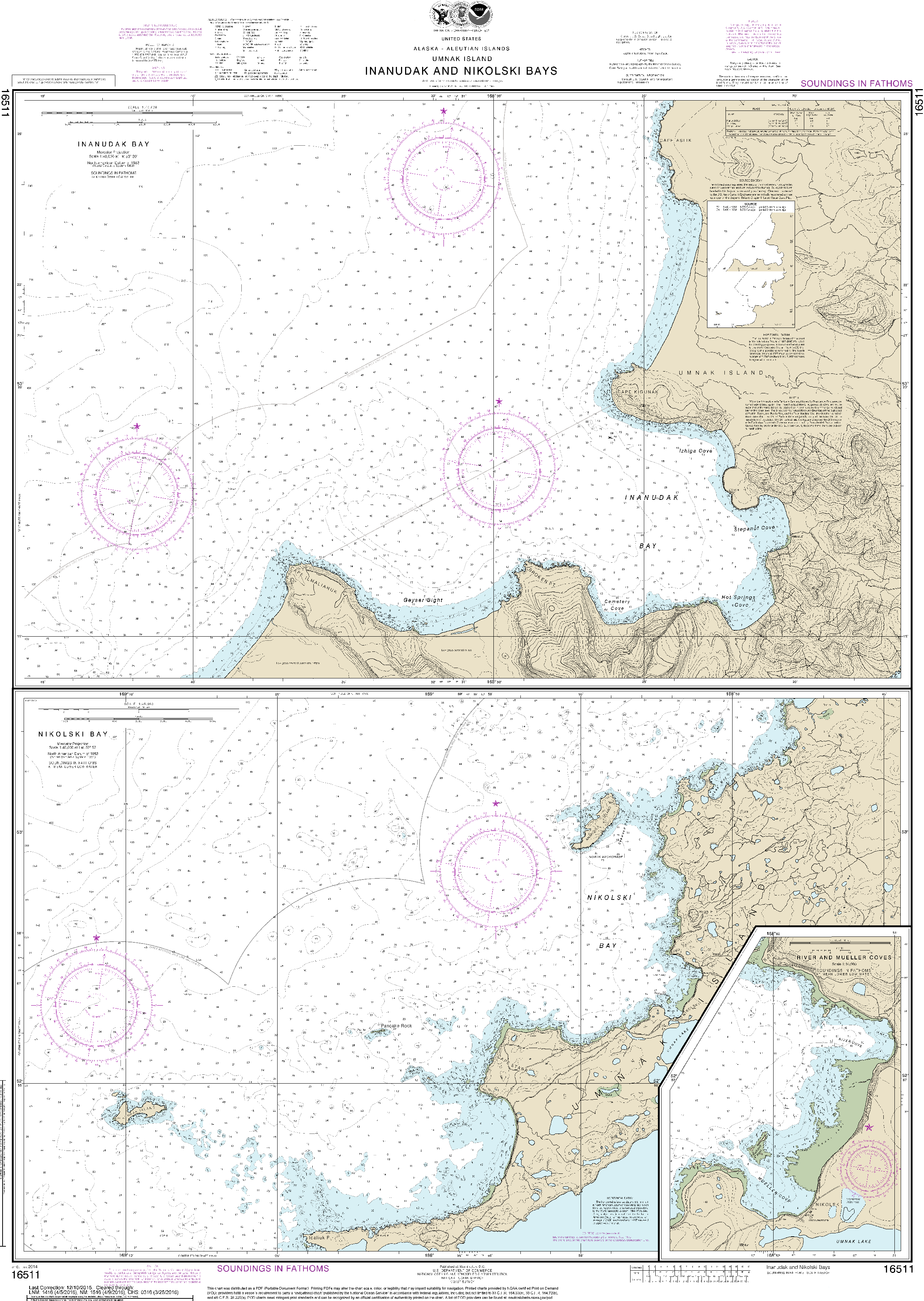 NOAA Nautical Chart 16511: Inanudak Bay and Nikolski Bay, Umnak l.;River and Mueller Coves