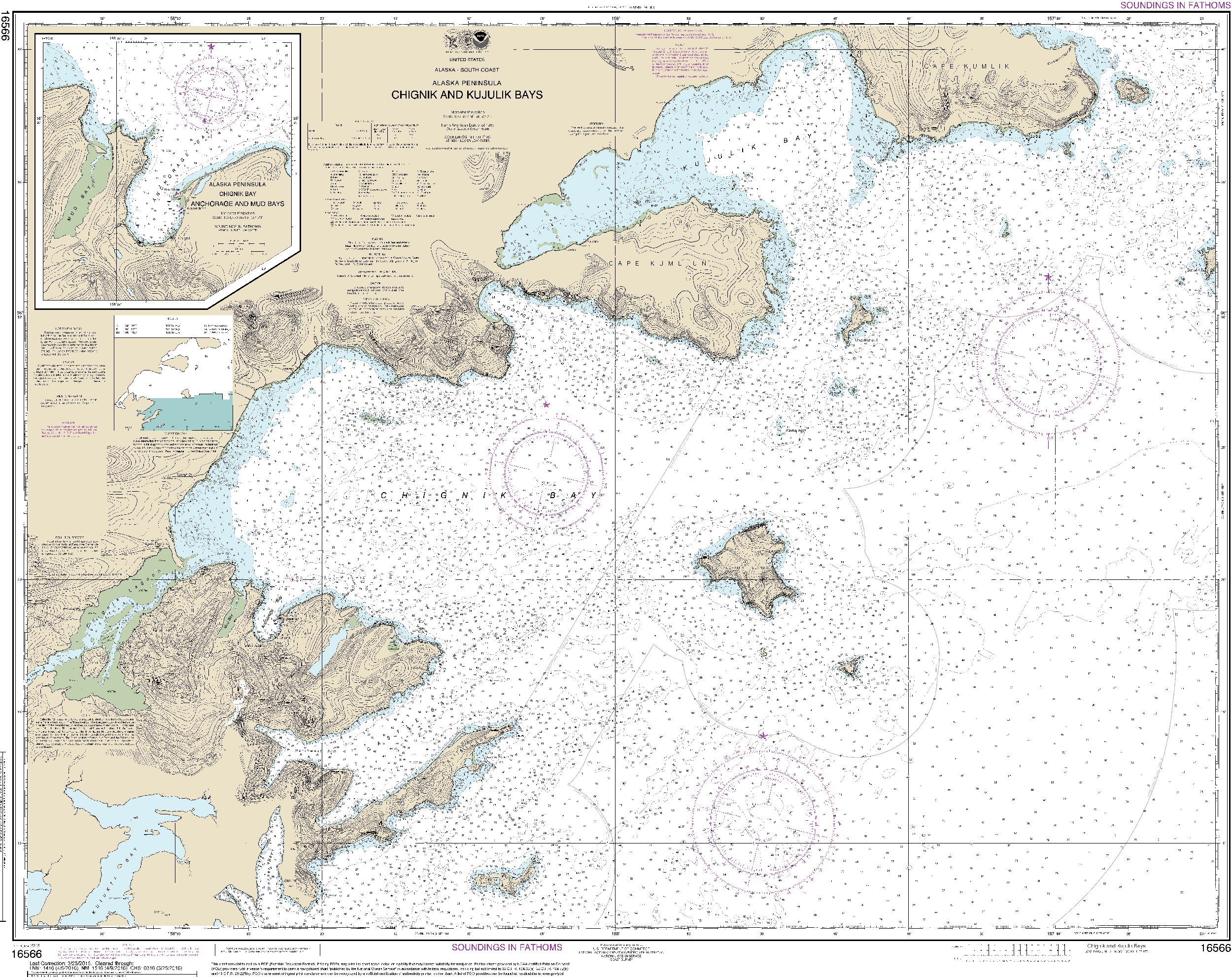 NOAA Nautical Chart 16566: Chignik and Kujulik Bays, Alaska Pen.;Anchorage and Mud Bays, Chignik Bay