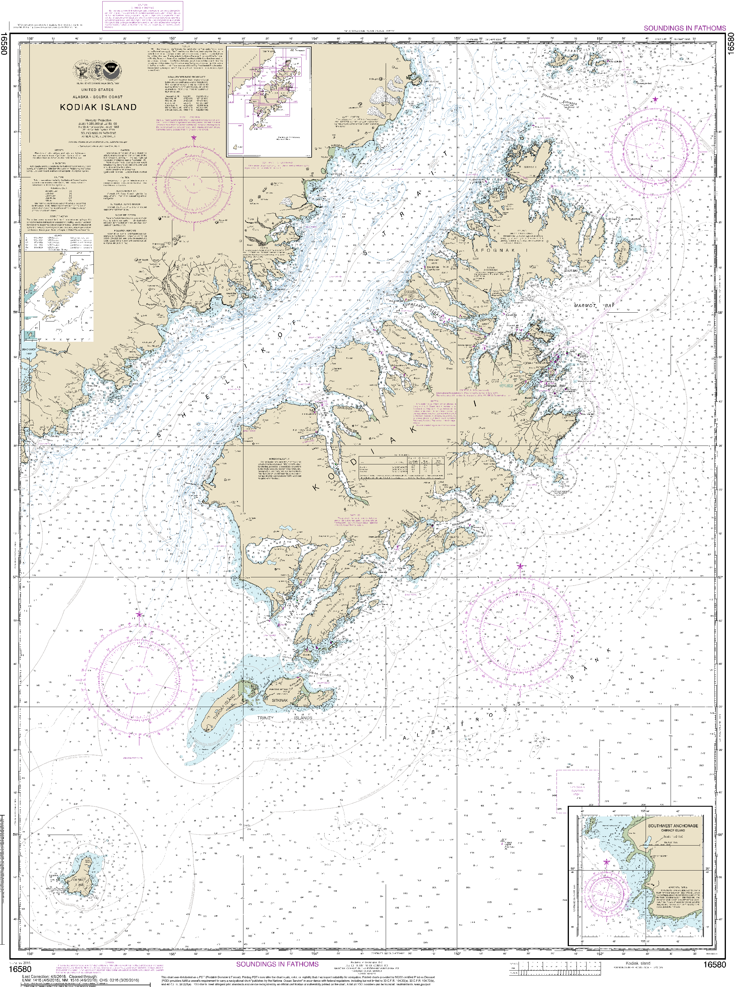 NOAA Nautical Chart 16580: Kodiak Island;Southwest Anchorage, Chirikof Island 
