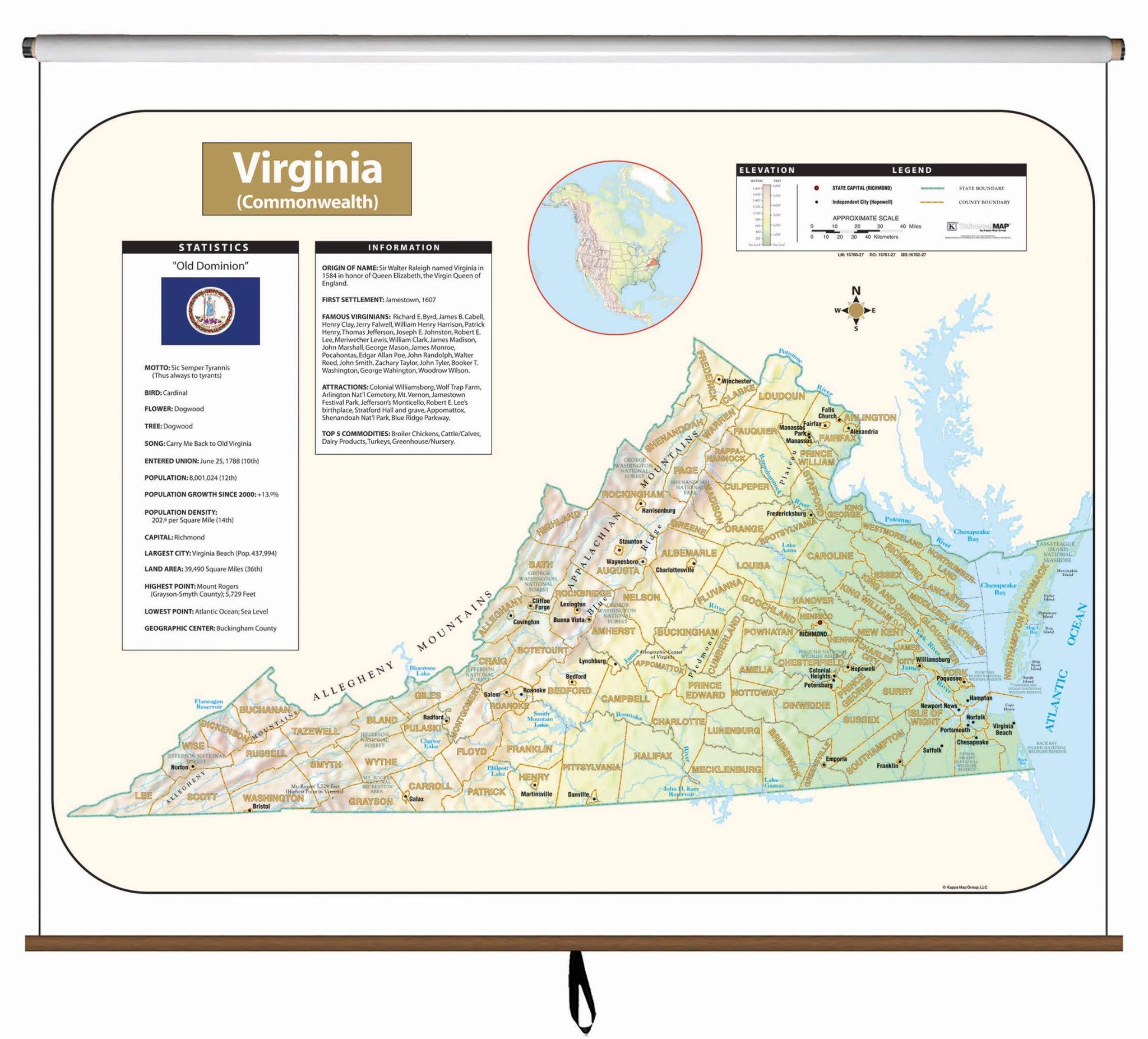 Virginia Large Scale Shaded Relief Wall Map