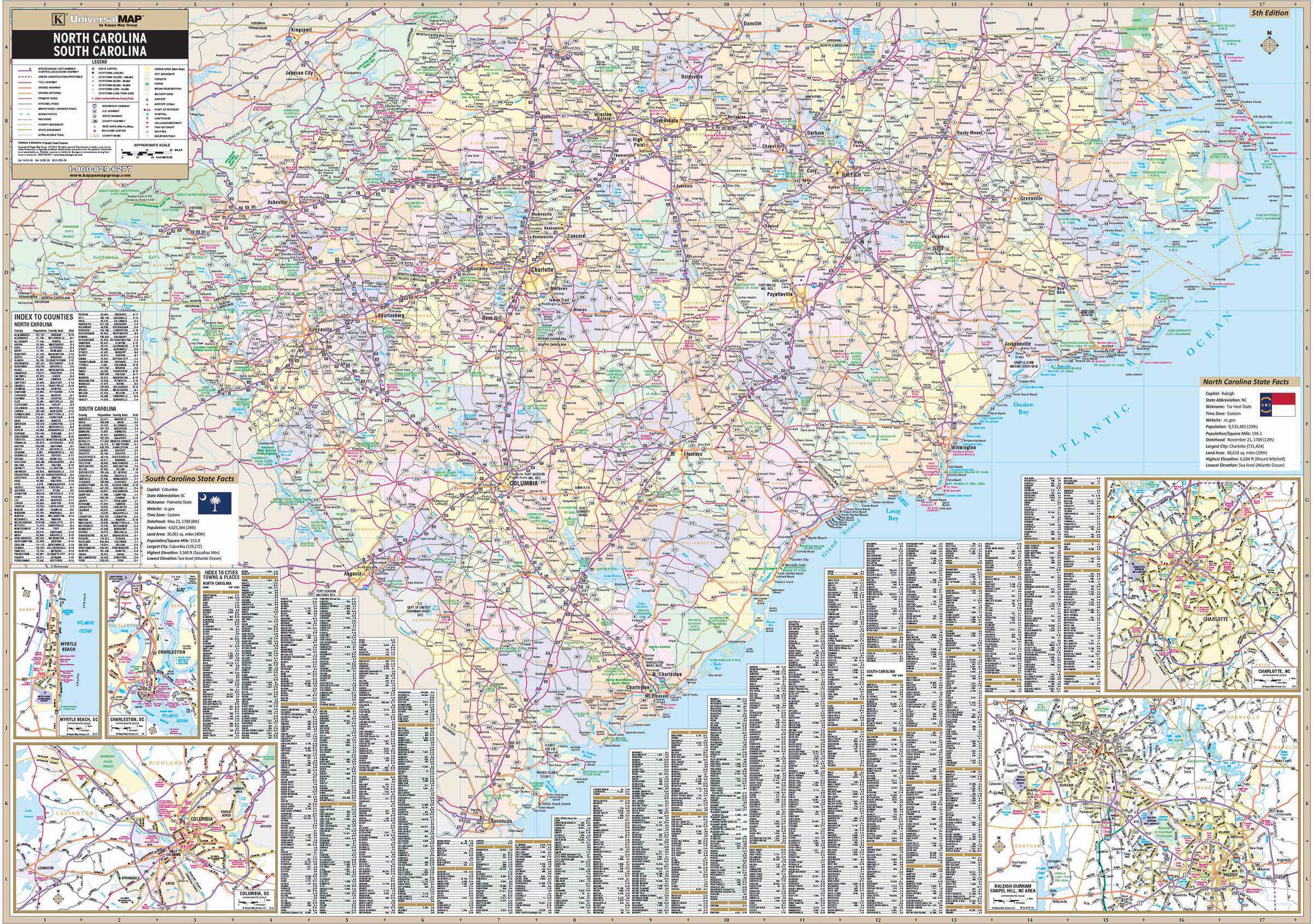 North Carolina and South Carolina State Wall Map