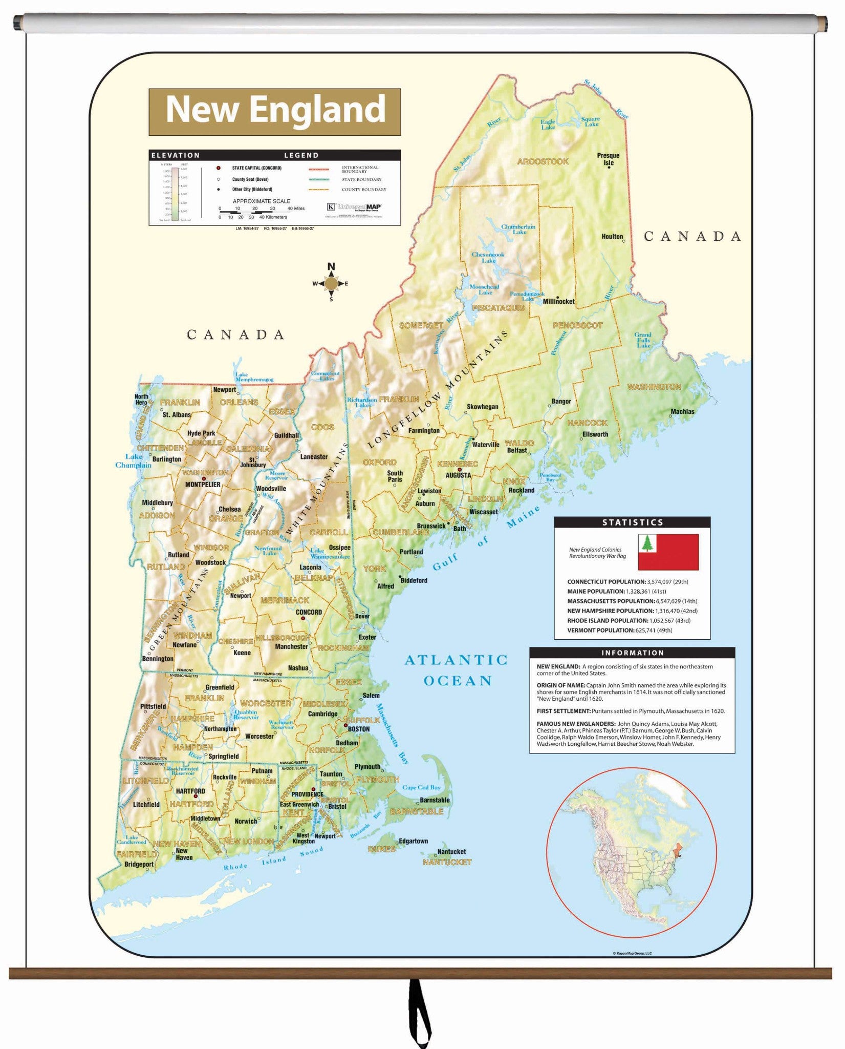 Kappa Map Group  New England Large Scale Shaded Relief Wall Map