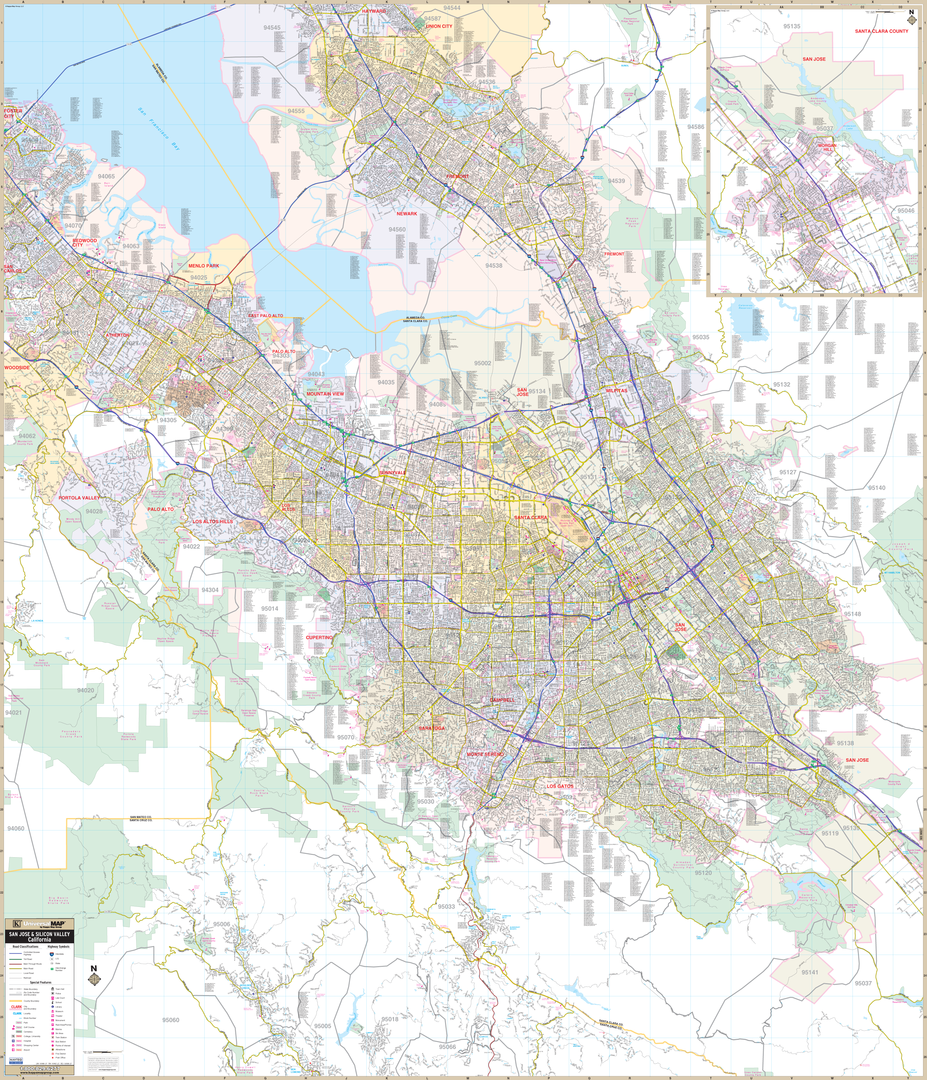 San Jose Silcon Valley, Ca Wall Map - Large Laminated
