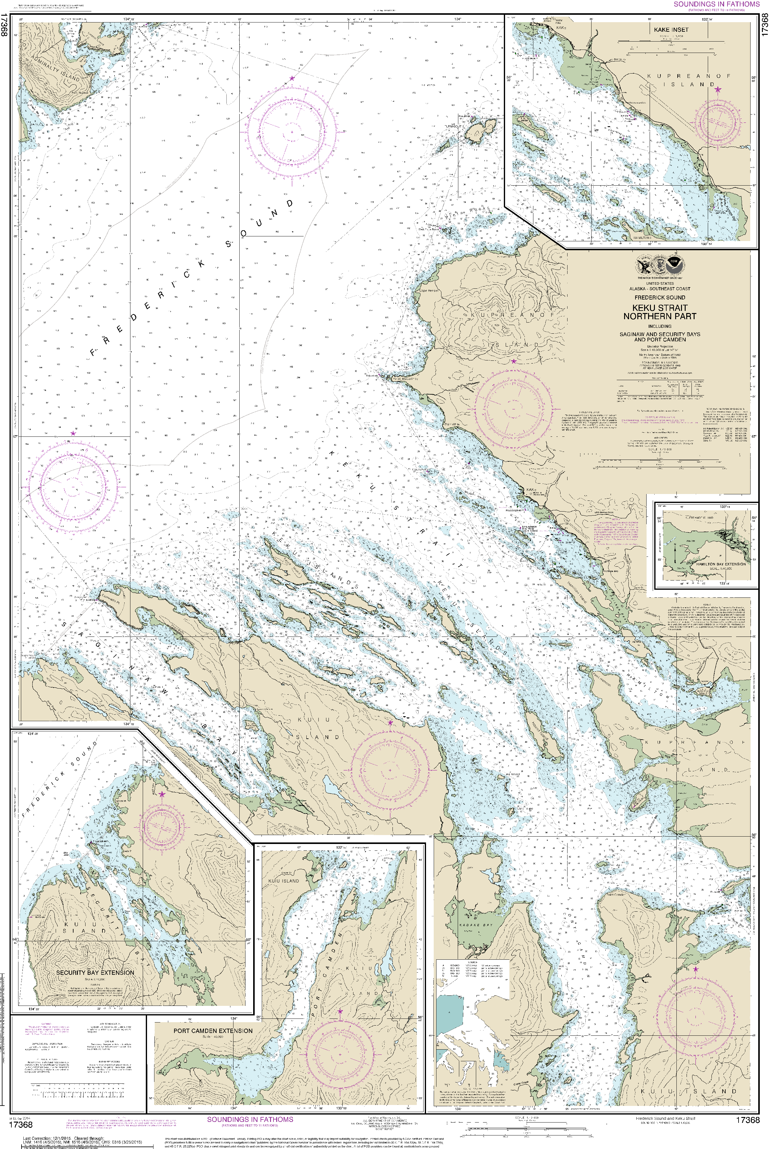 NOAA Nautical Chart 17368: Keku Strait-northern part, including Saginaw and Security Bays and Port Camden;Kake Inset