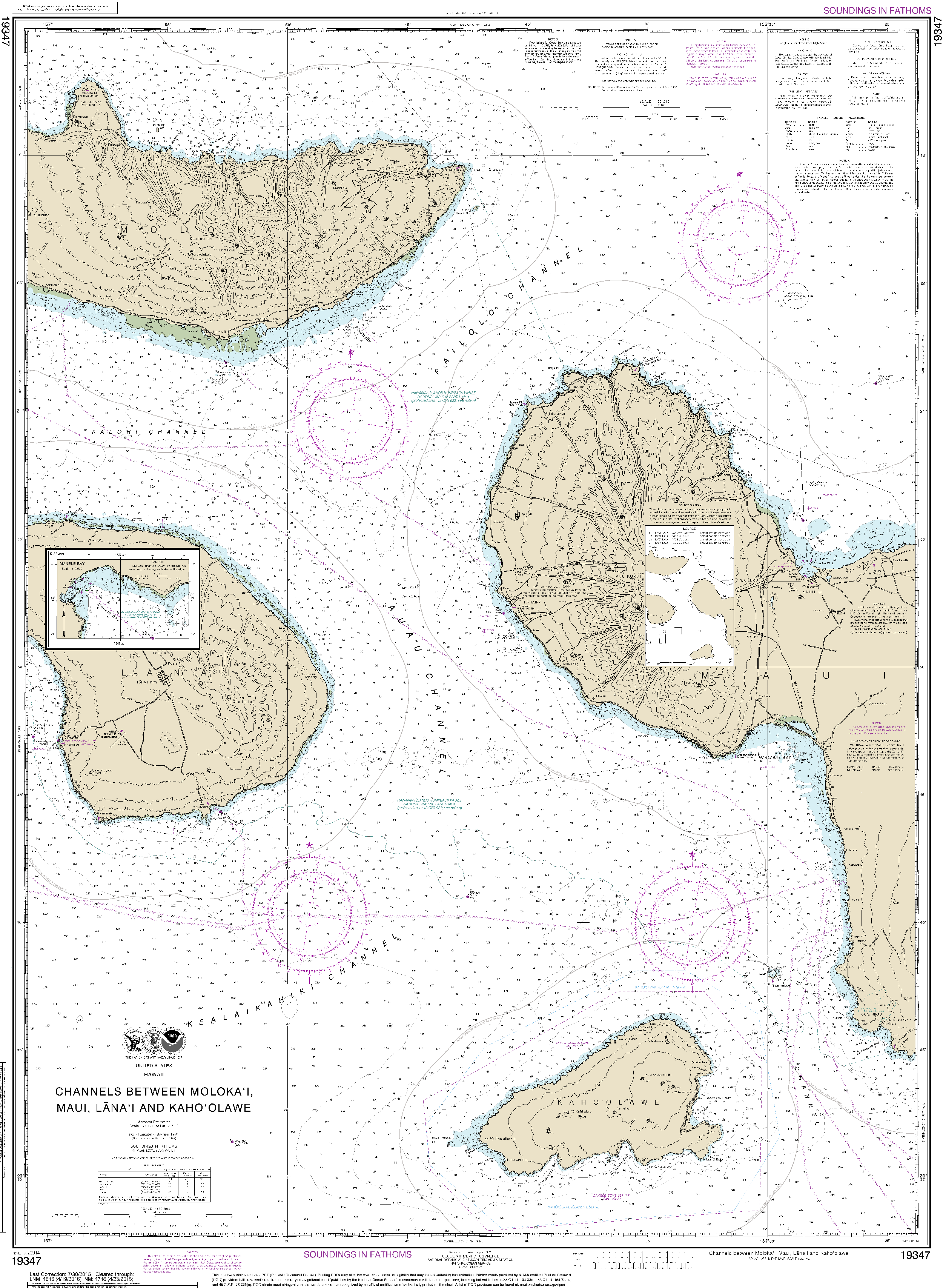NOAA Nautical Chart 19347: Channels between Molokai, Maui, L??naƒ??i and Kahoƒ??olawe;Manele Bay