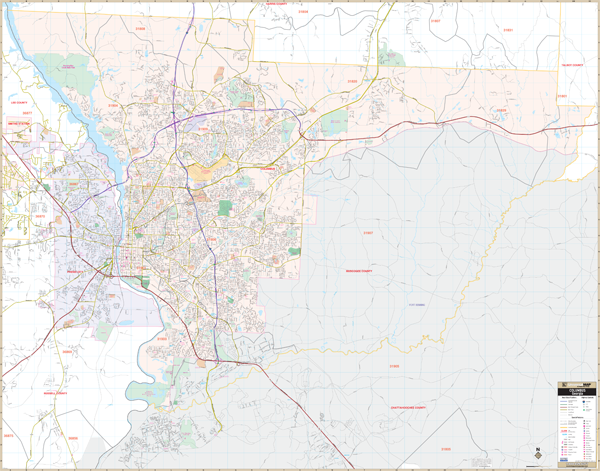 Columbus And Phenix City, Ga Wall Map - Large Laminated