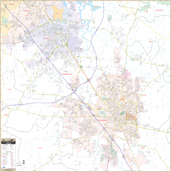Murfreesboro Smyrna, Tn Wall Map - Large Laminated