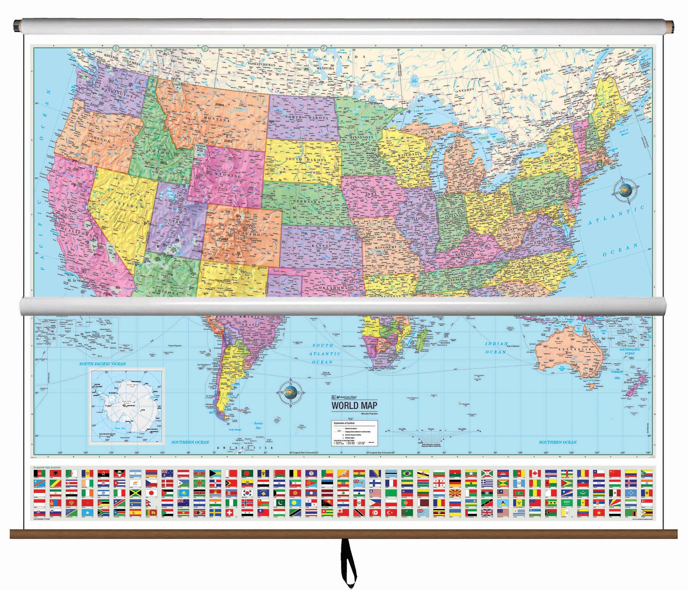 US and World Advanced Political Wall Pull Down Educational Map