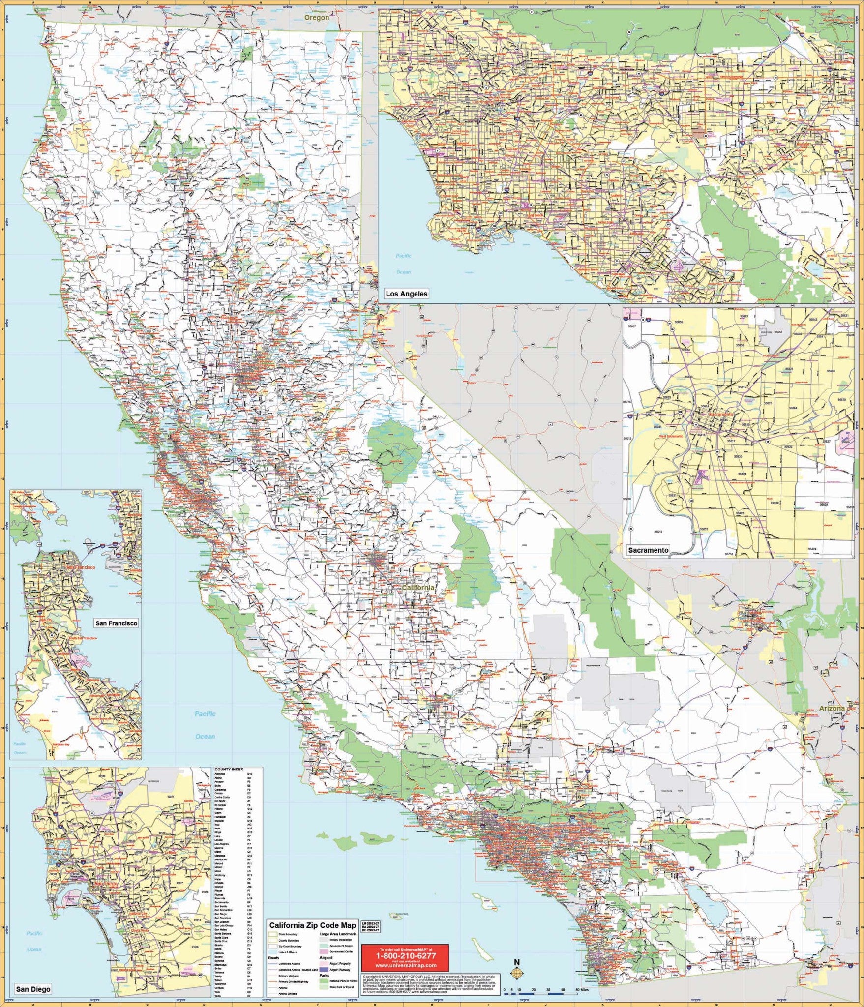 California State Wall Map with Zip codes