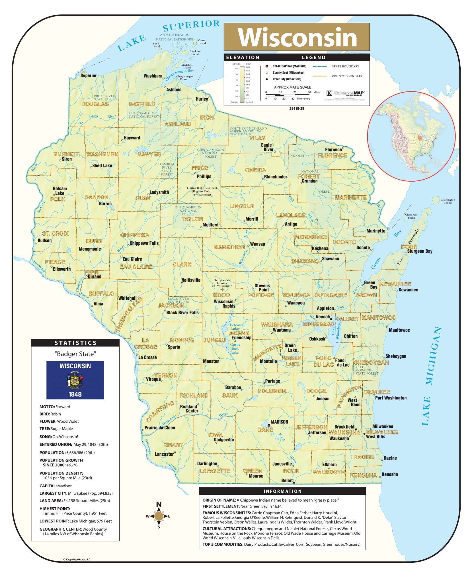 Kappa Map Group Wisconsin Shaded Relief Map