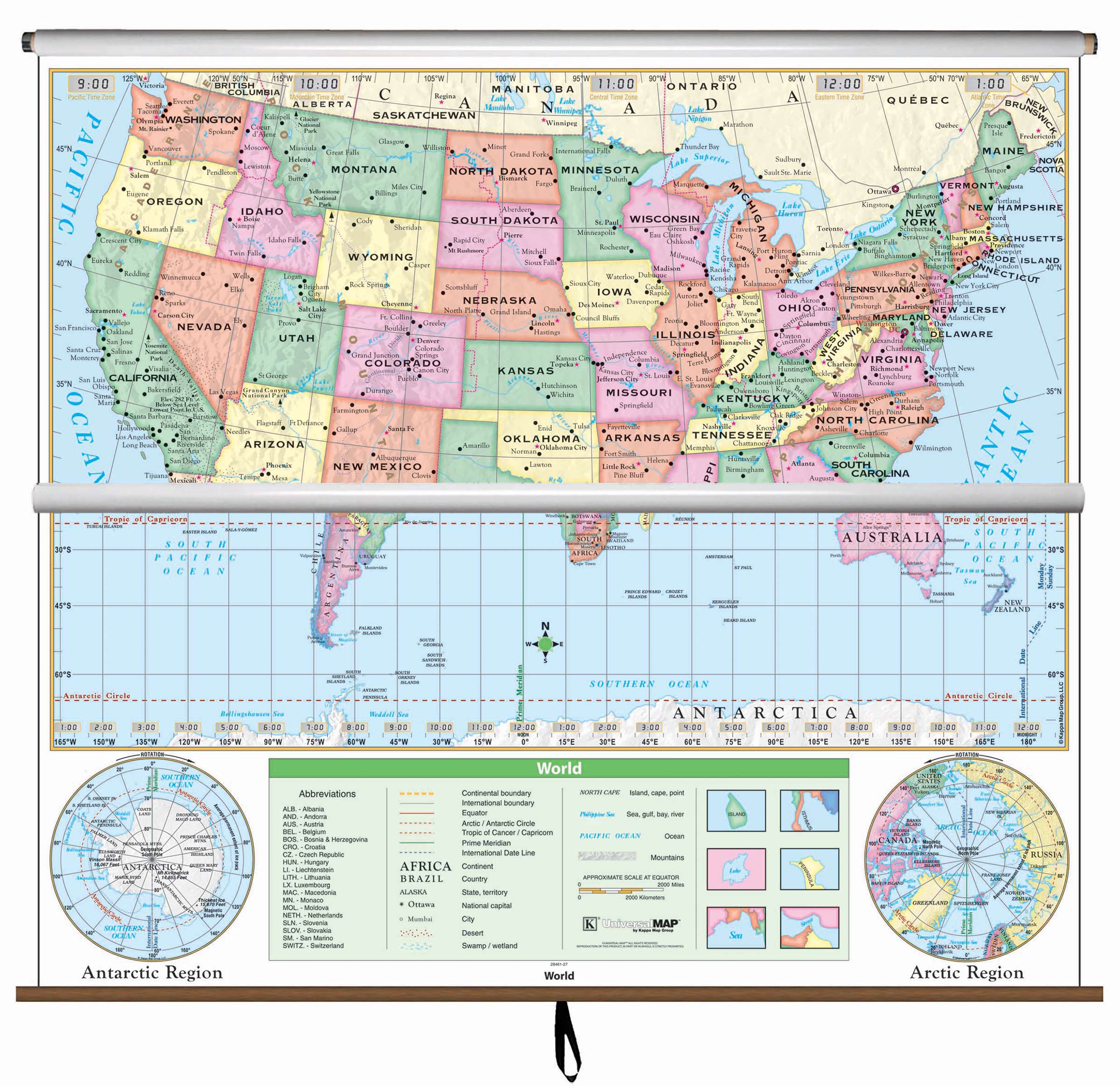 US/World Essential Combo Classroom Pull Down Wall Map