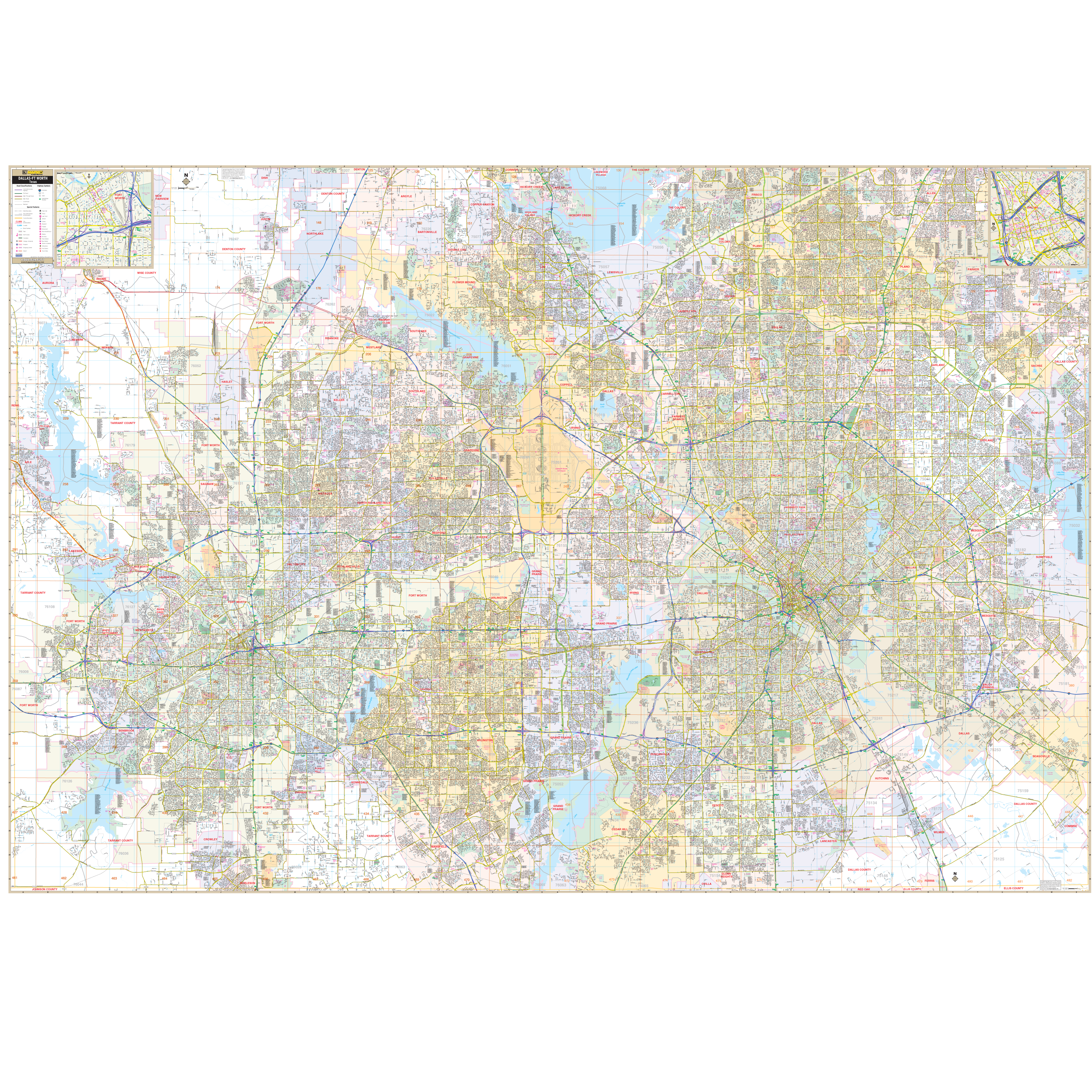 Dallas Ft Worth Combo, Tx Wall Map - Large Laminated