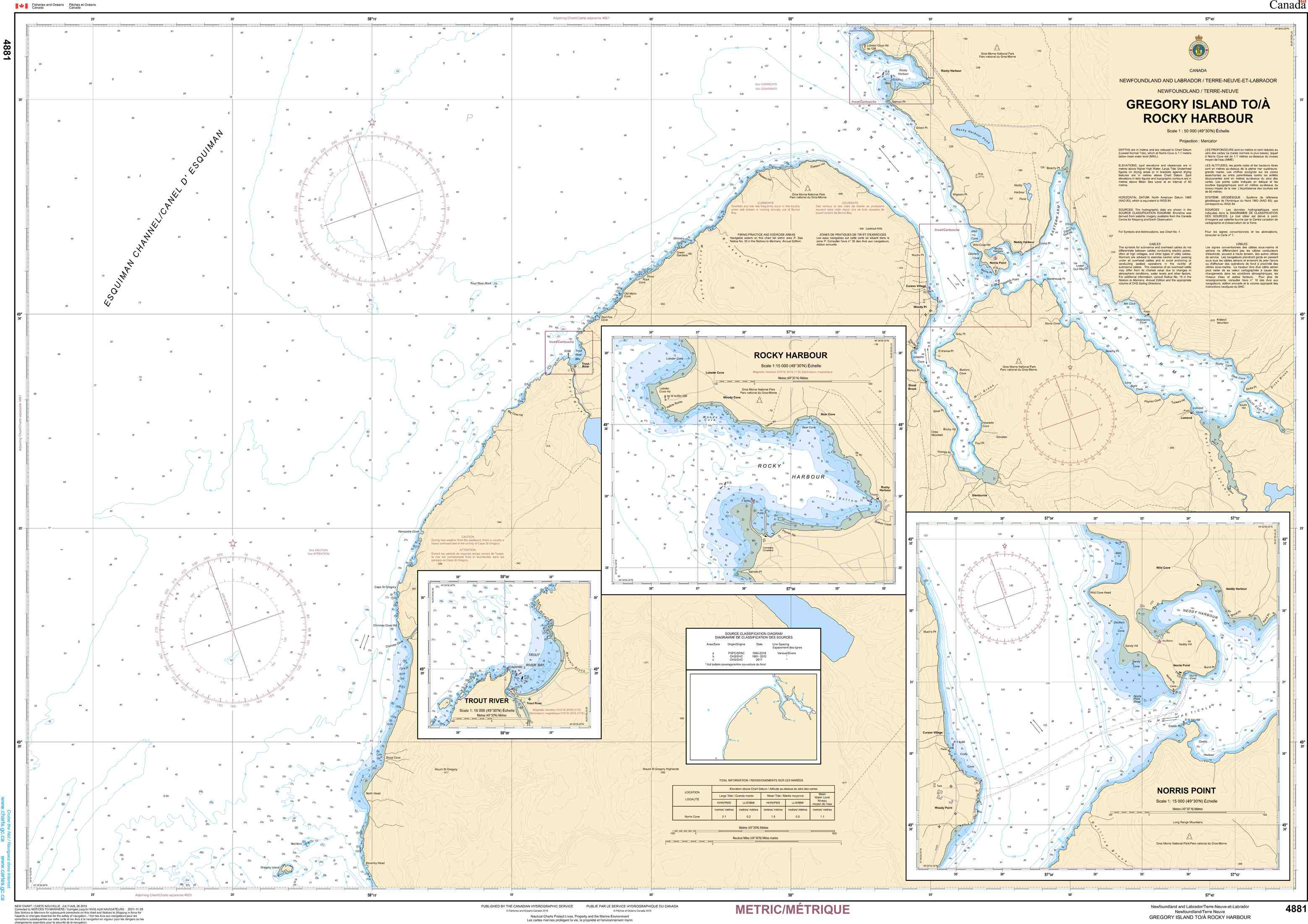 Canadian Hydrographic Service Nautical Chart CHS4881 : Chart CHSGregory Island To Rocky Harbour