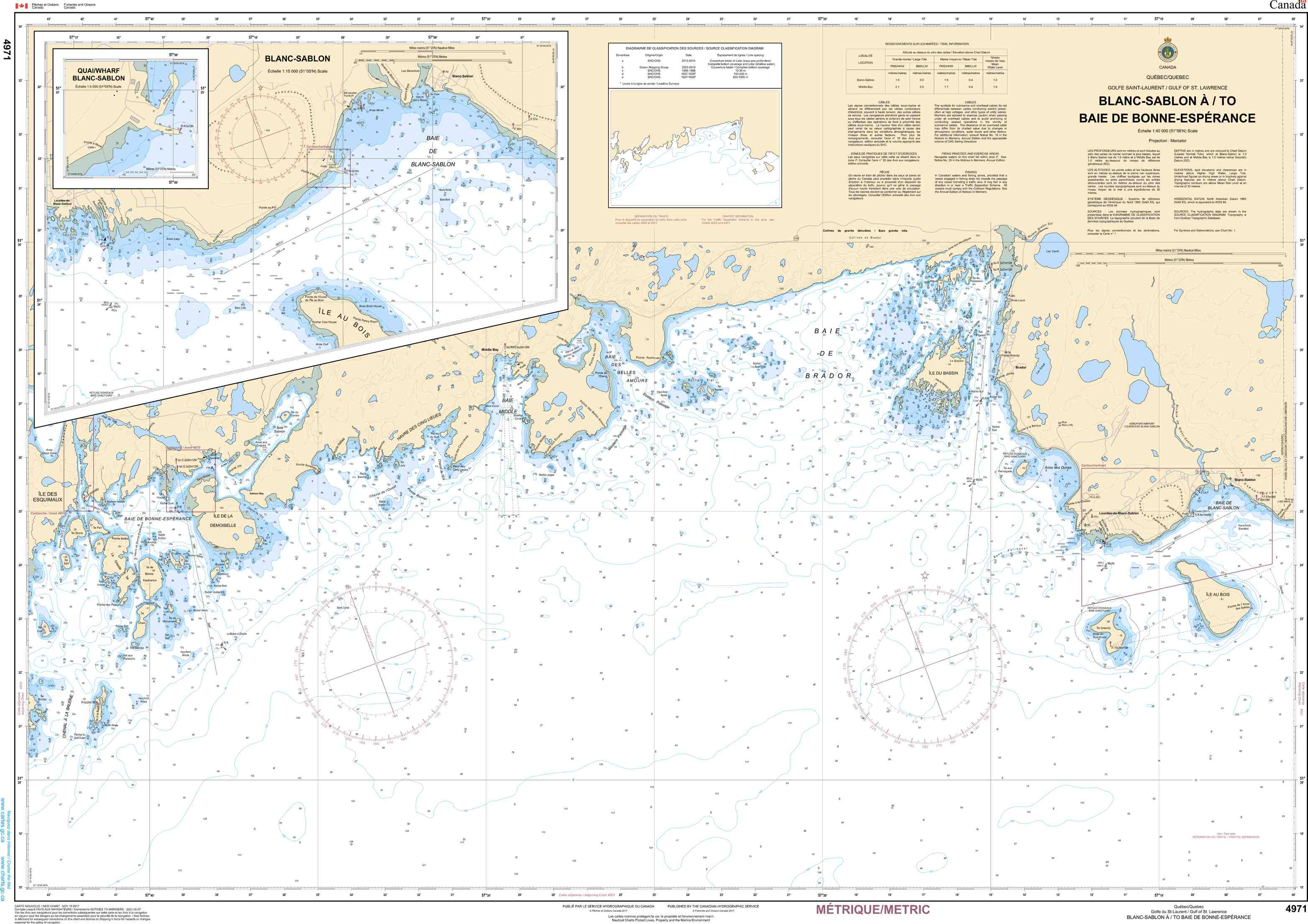 Canadian Hydrographic Service Nautical Chart CHS4971: Blanc Sablon à/to Baie de Bonne-Espérance
