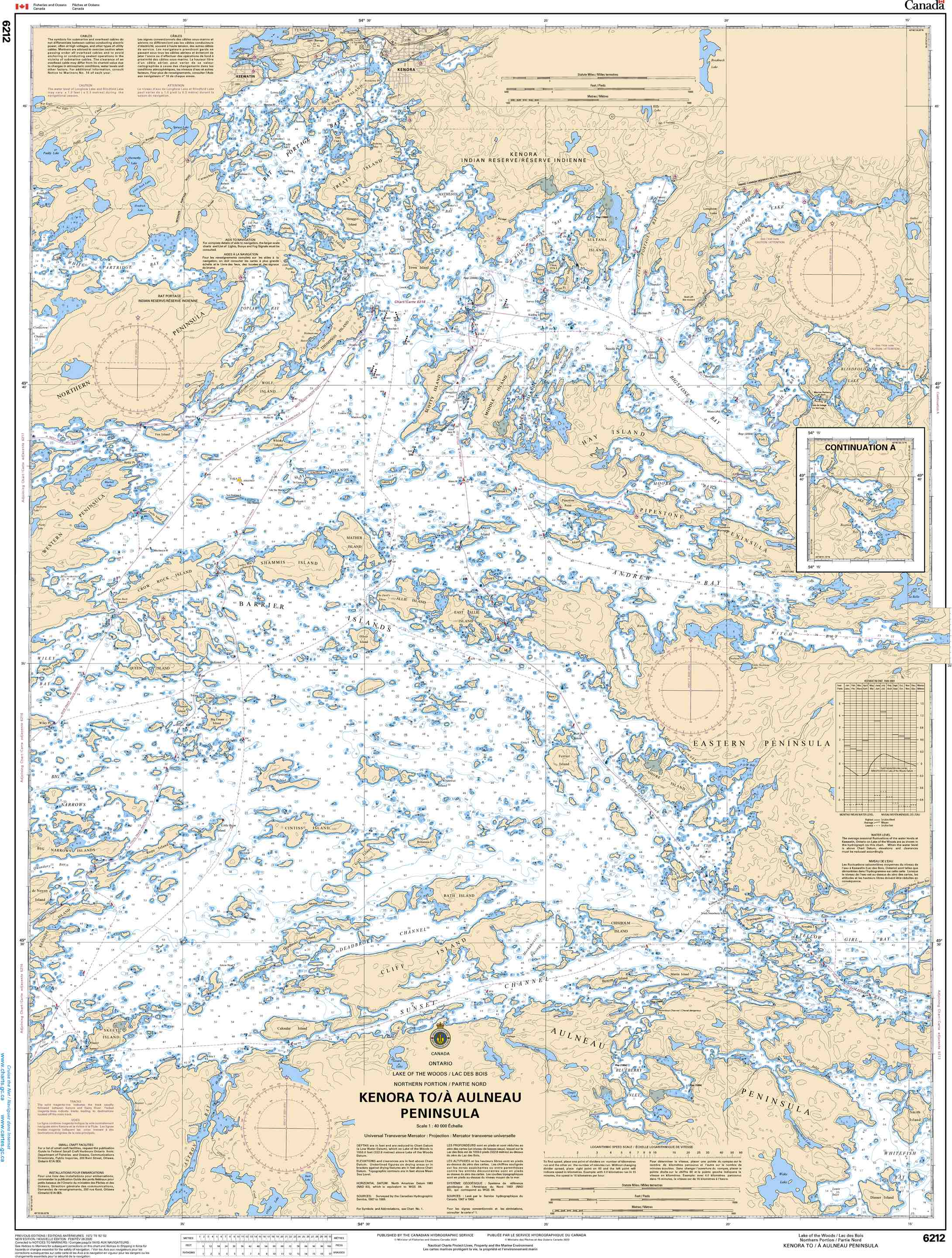 Canadian Hydrographic Service Nautical Chart CHS6212: Kenora to/à Aulneau Peninsula (Northern Portion / Partie nord)